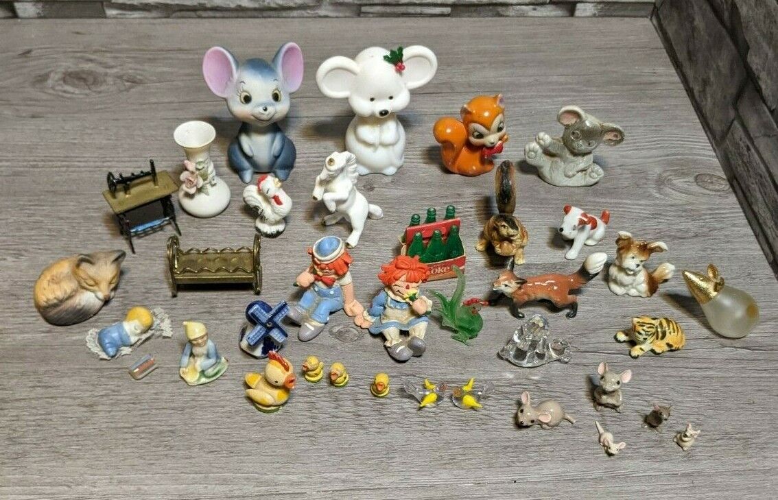 Large Lot of 36 Random Miniature Figurines, Mice Birds Unicorn Raggedy Ann Etc