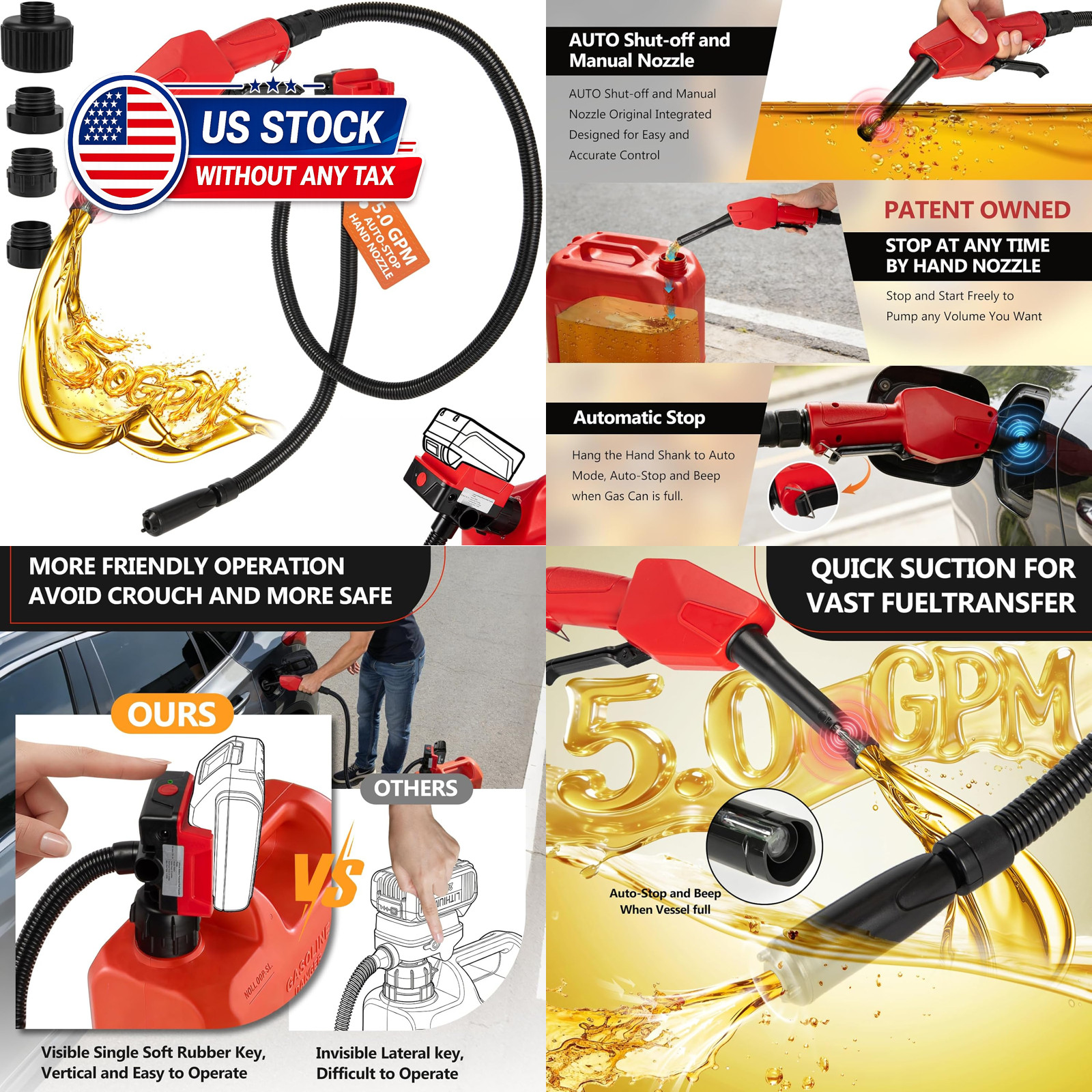 Cordless 5.0GPM Gas Pump with Auto‑Stop& Hand Nozzle, Compatible with DeWalt 20V