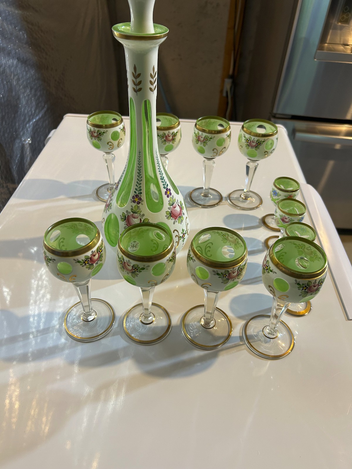 Hand Painted Green & White Vintage Glass Wine Decanter and 12 Matching Glasses