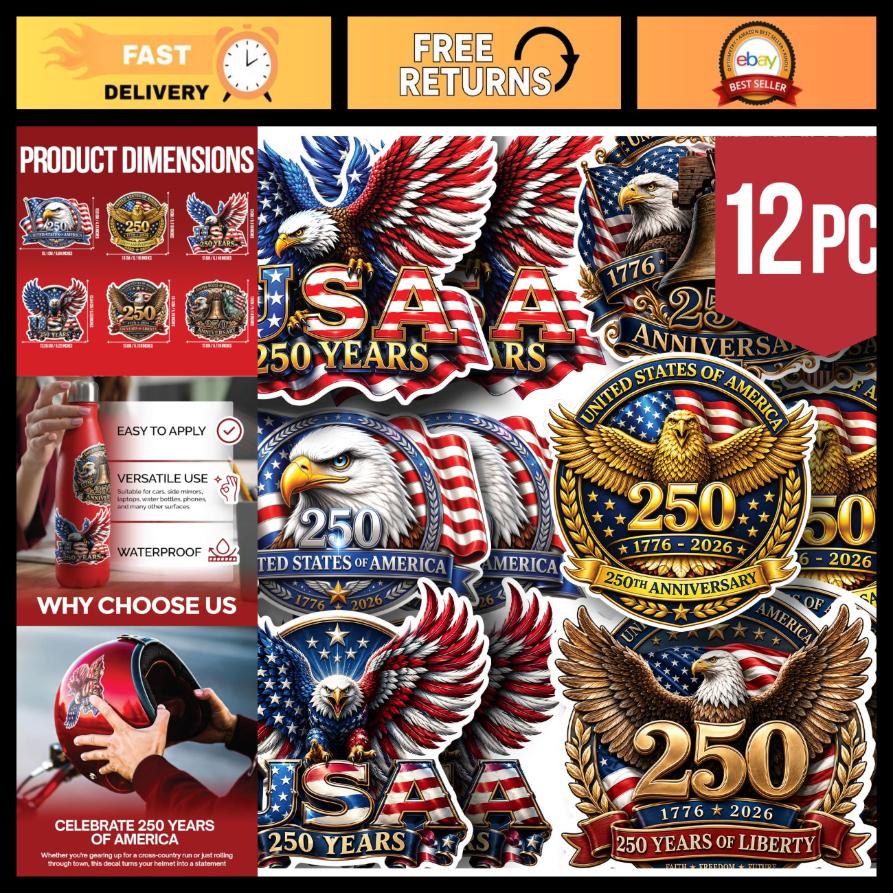Premium Big 6in 12pcs USA 250th Anniversary Patriotic Stickers – 6 Unique Design
