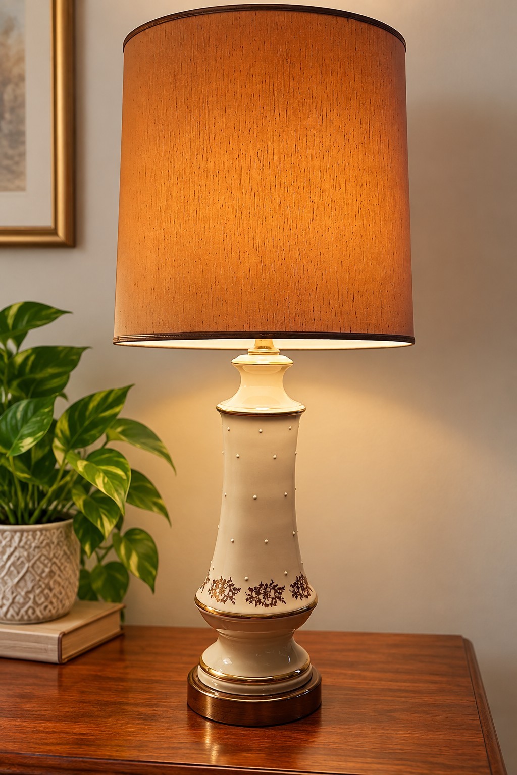 Vtg Mid Century Table Lamp Dotted White Ceramic 50\'s Gold Floral Grannycore 32\ Vtg Mid Century Table Lamp Dotted White Ceramic 50\'s Gold Floral Grannycore 32\