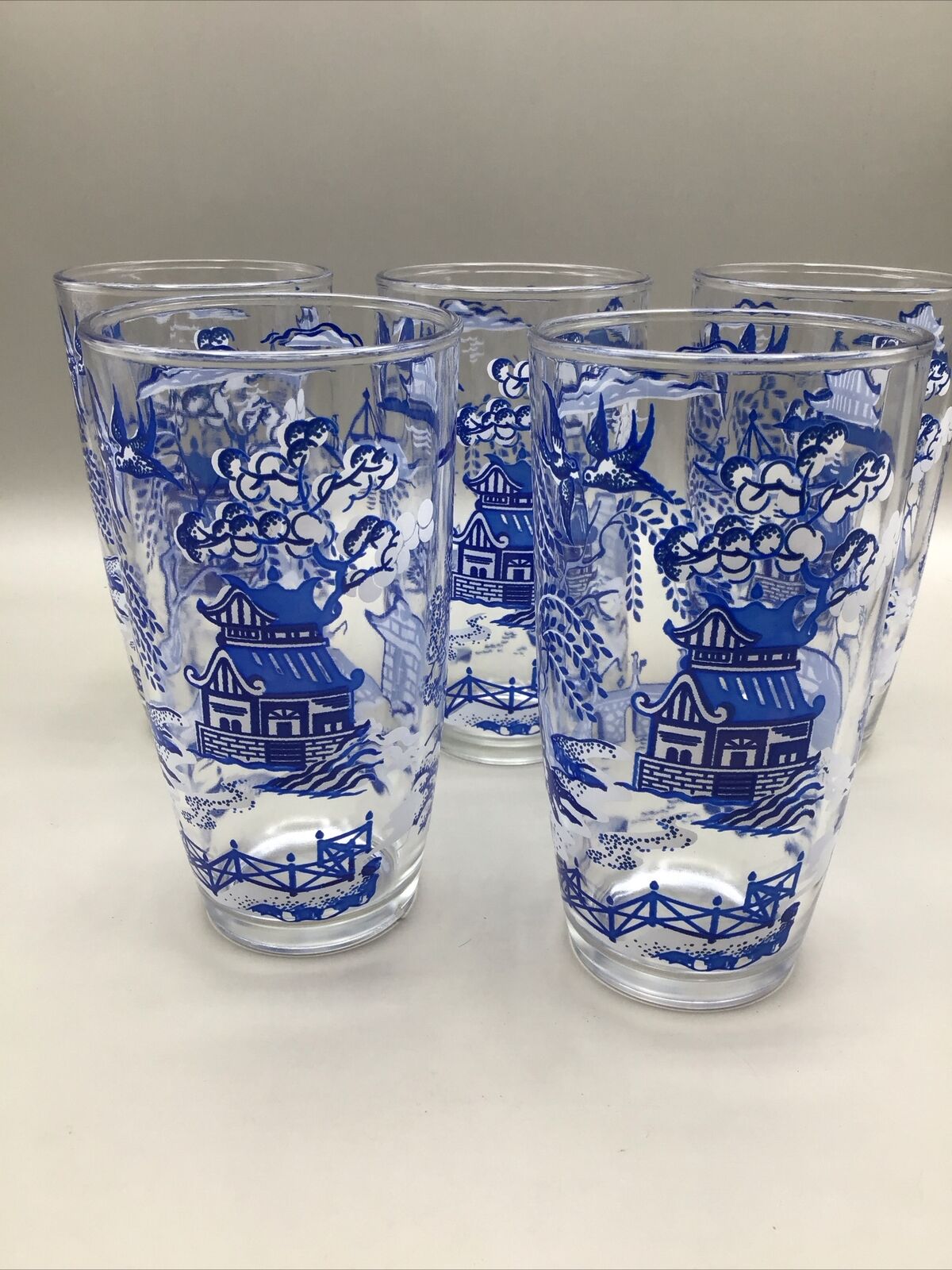 Set Of 5 Vintage Blue Willow Drinking Glasses Tumblers