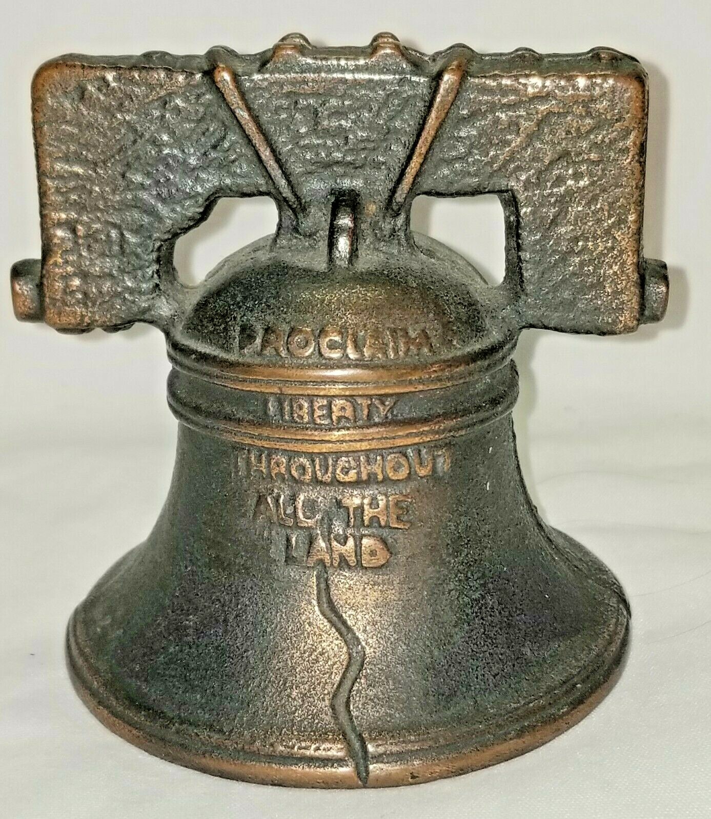 CAST IRON? METAL LIBERTY BELL COIN MONEY BANK BRONZE LOOK PATINA VTG RETRO