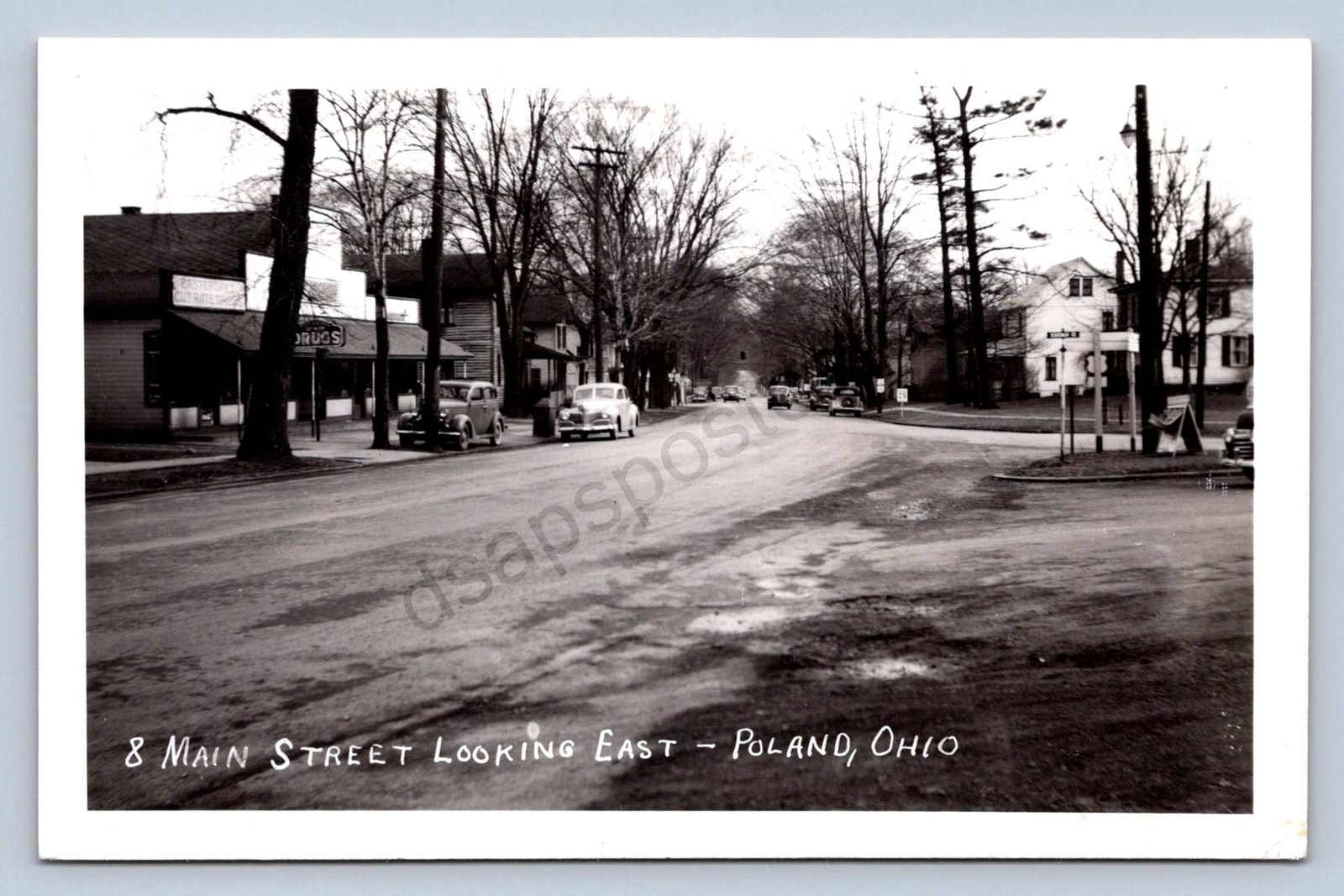K12/ Poland Ohio RPPC Postcard c1950 Main Street East Stores Homes 84