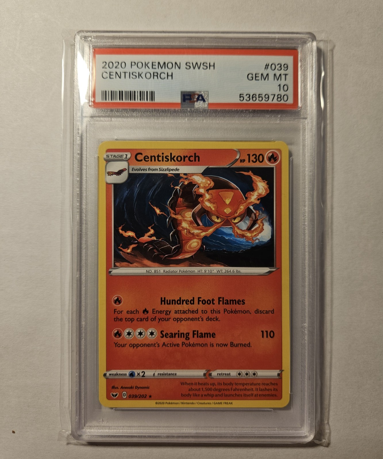 2020 Pokémon Centiskorch 039/202 Sword & Shield Rare PSA 10 Graded Card 2020 Pokémon Centiskorch 039/202 Sword & Shield Rare PSA 10 Graded Card