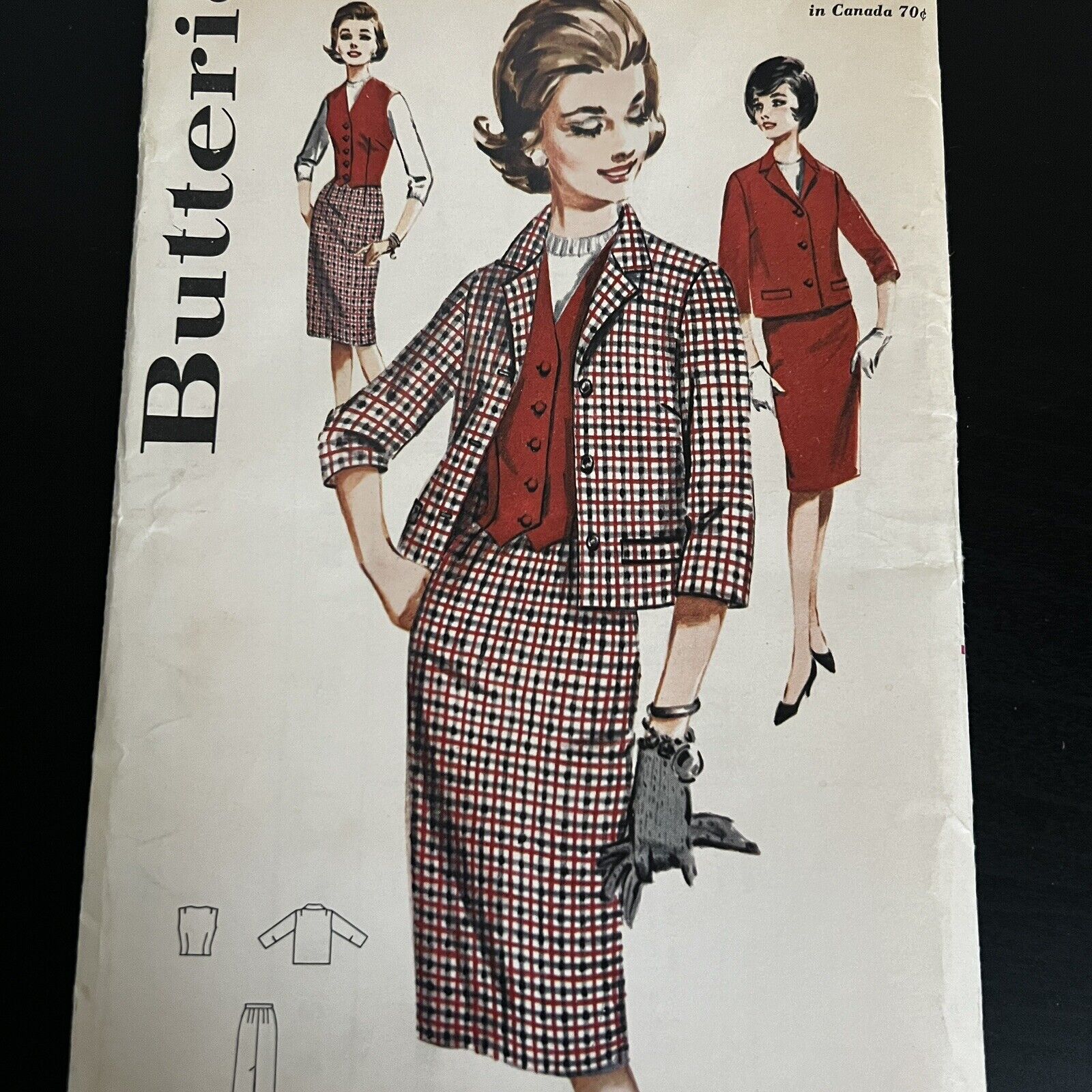 Vintage 1960s Butterick 2433 Jacket Collar Weskit + Skirt Sewing Pattern 10 CUT
