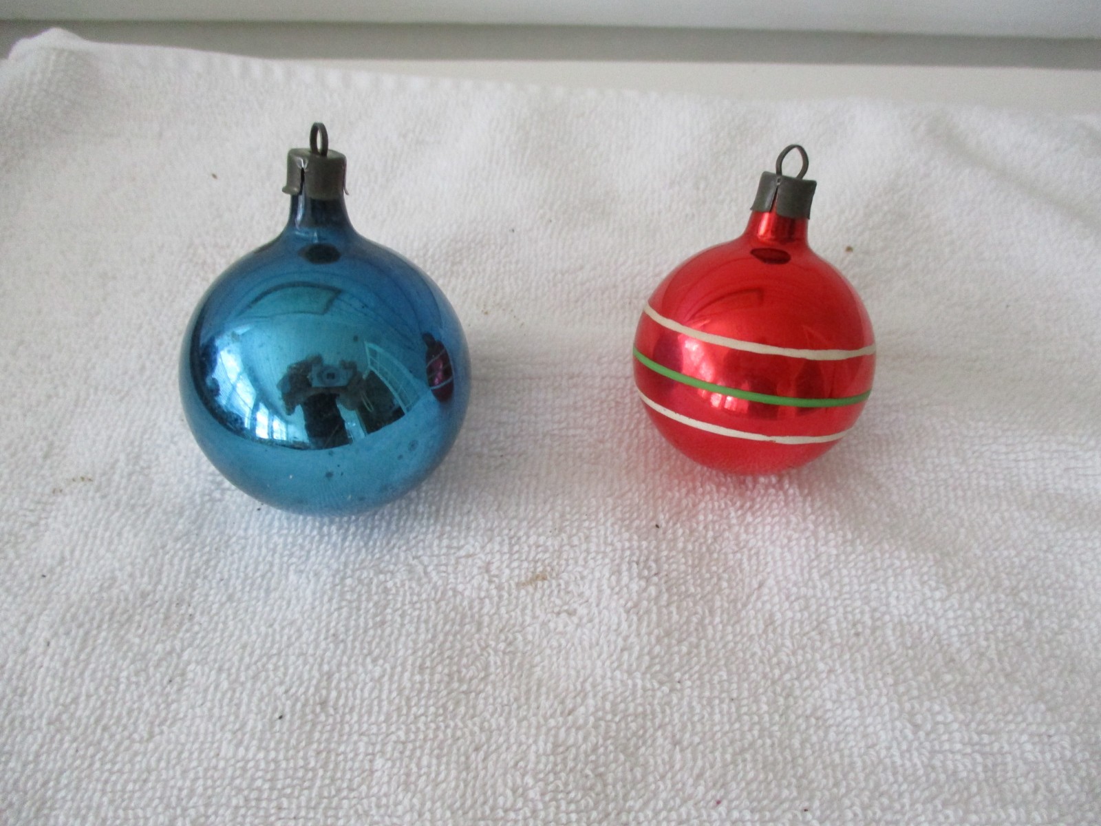 Two vintage WWII Christmas ornaments, Premier Glass, one striped, 1940s