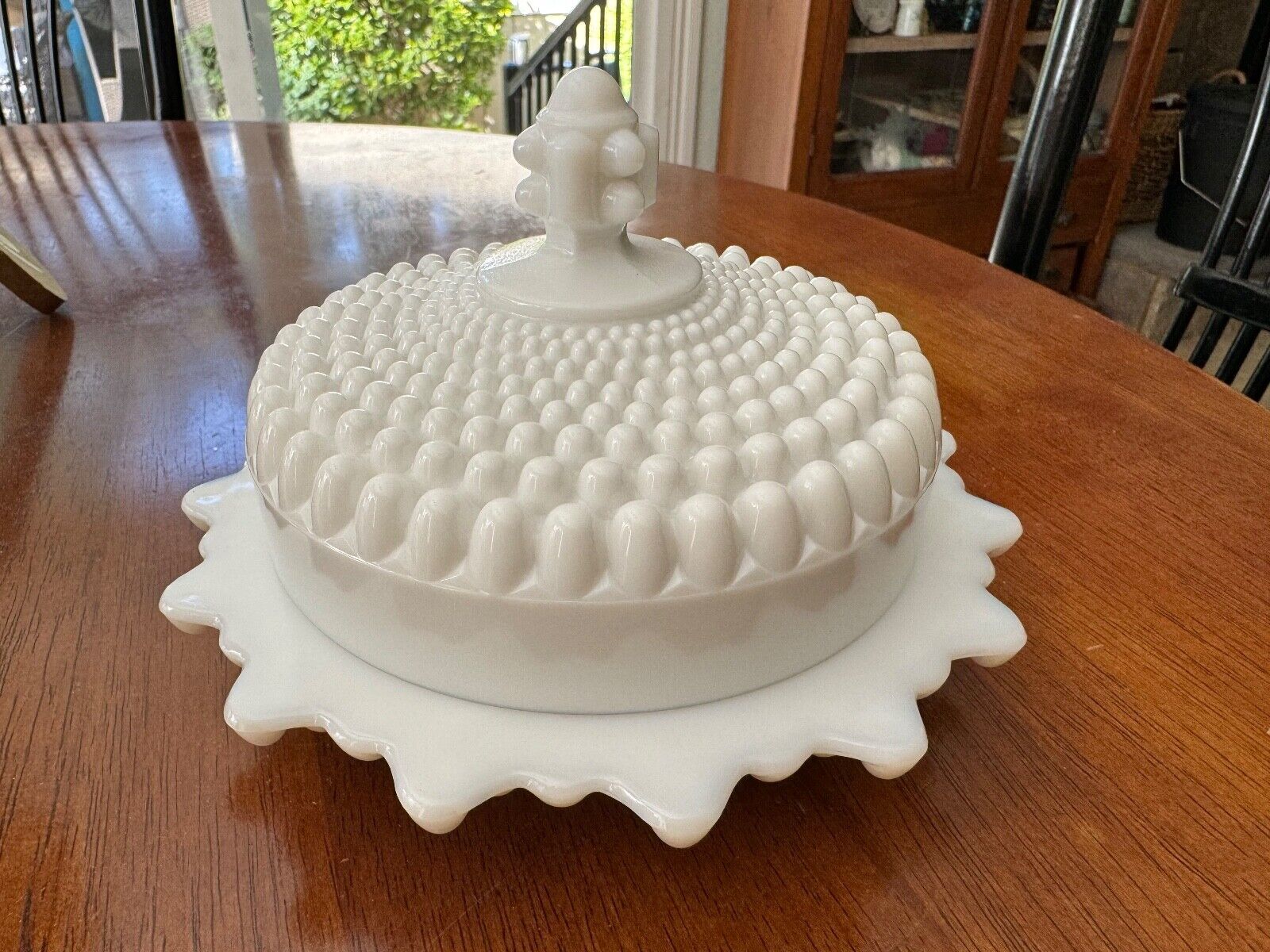 Westmoreland Glass Co Hobnail Ball Feet Milk Glass Detailed Cheese / Butter Dish