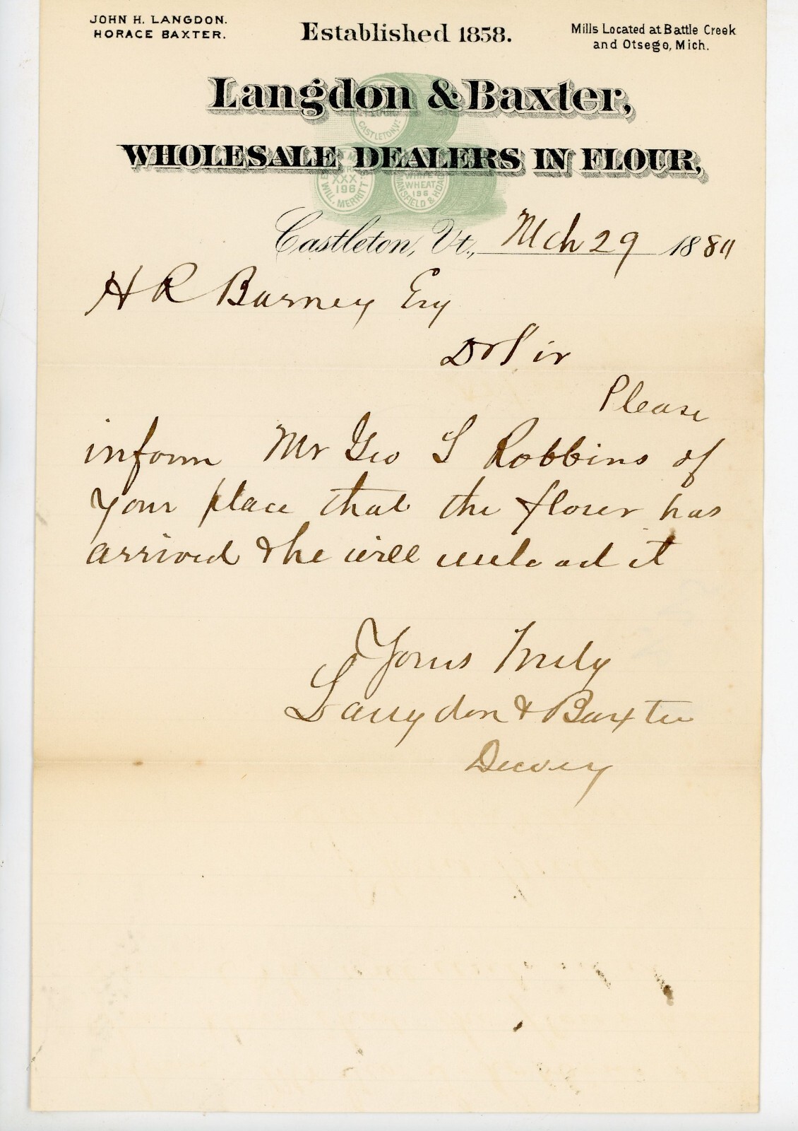 1881 Langdon & Baxter Wholesale Flour Dealer Letter Castleton VT to H.R. Barney