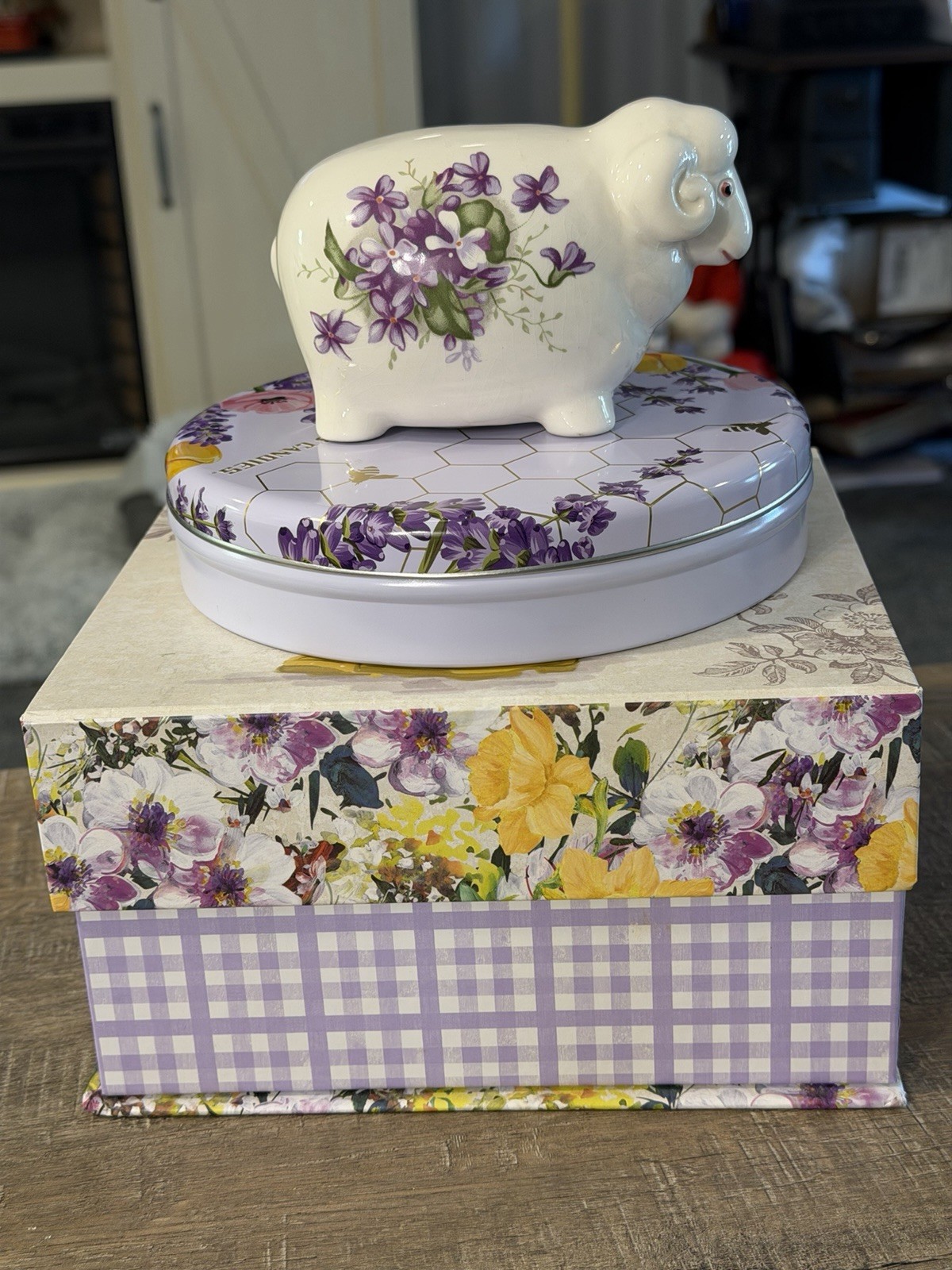 Vintage Lavender Lilac Home Decor Box, Tin, Cotton Ball Holder Ceramic Read