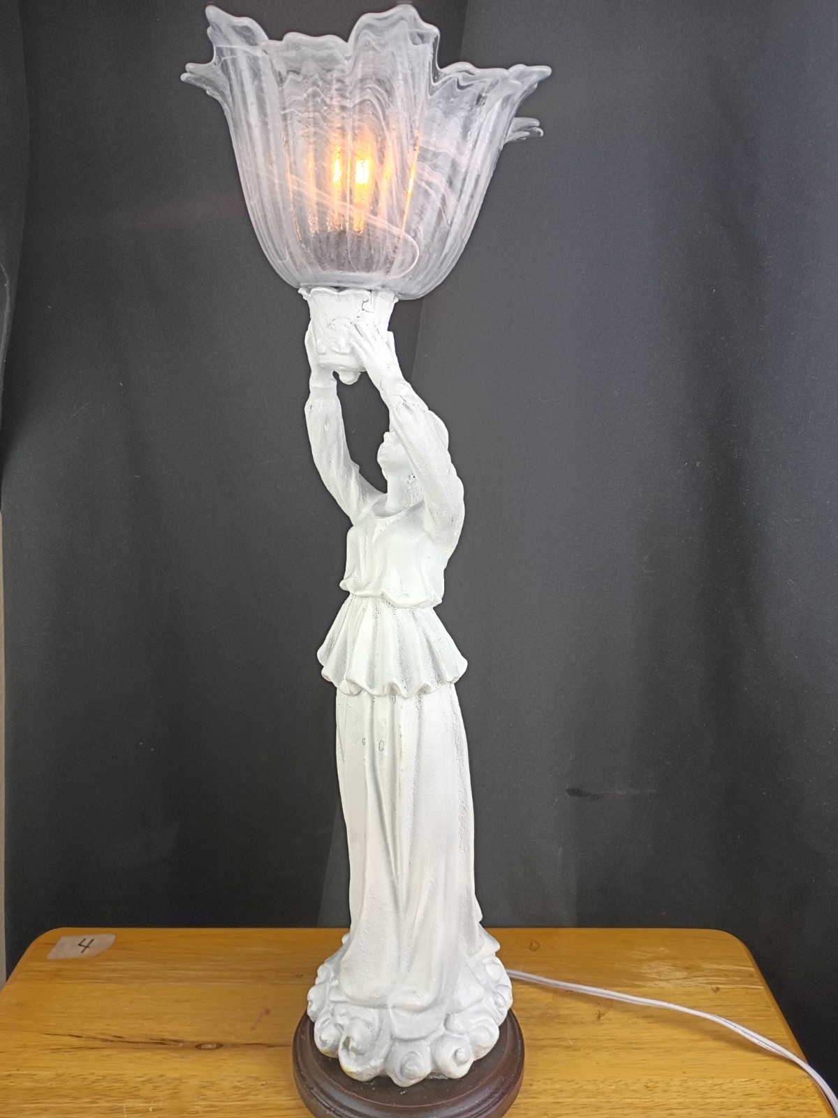 Art Deco Resin Lady Woman Holding Glass Frosted Flame Shade Accent table Lamp 