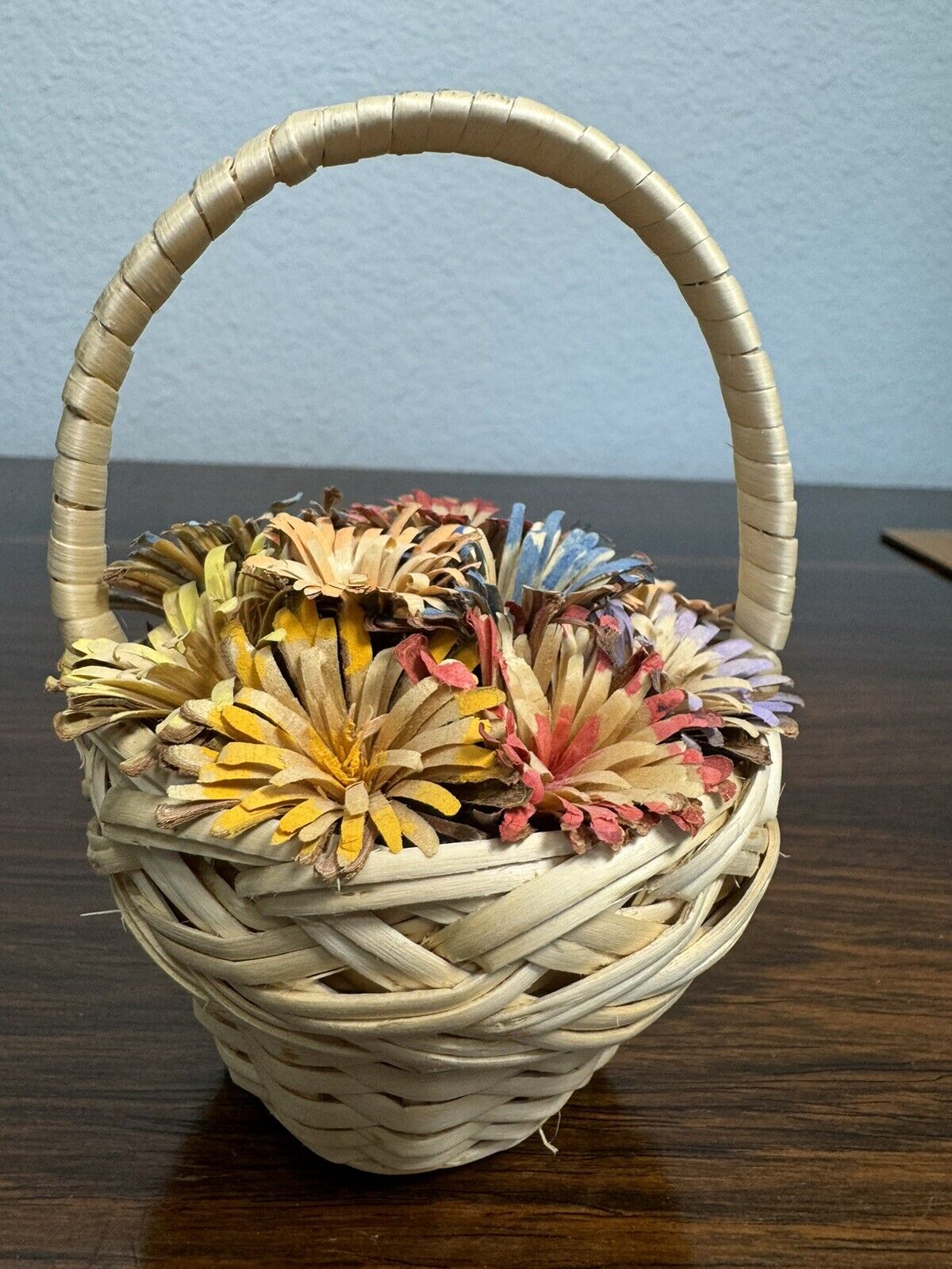 Vintage Mini Basket Of Flowers Made Of Wood 