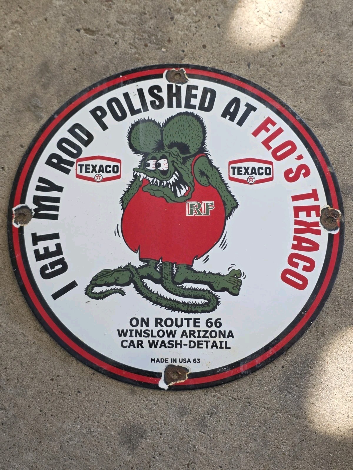 VINTAGE RAT FINK FLO\'S TEXACO PORCELAIN SIGN 12\