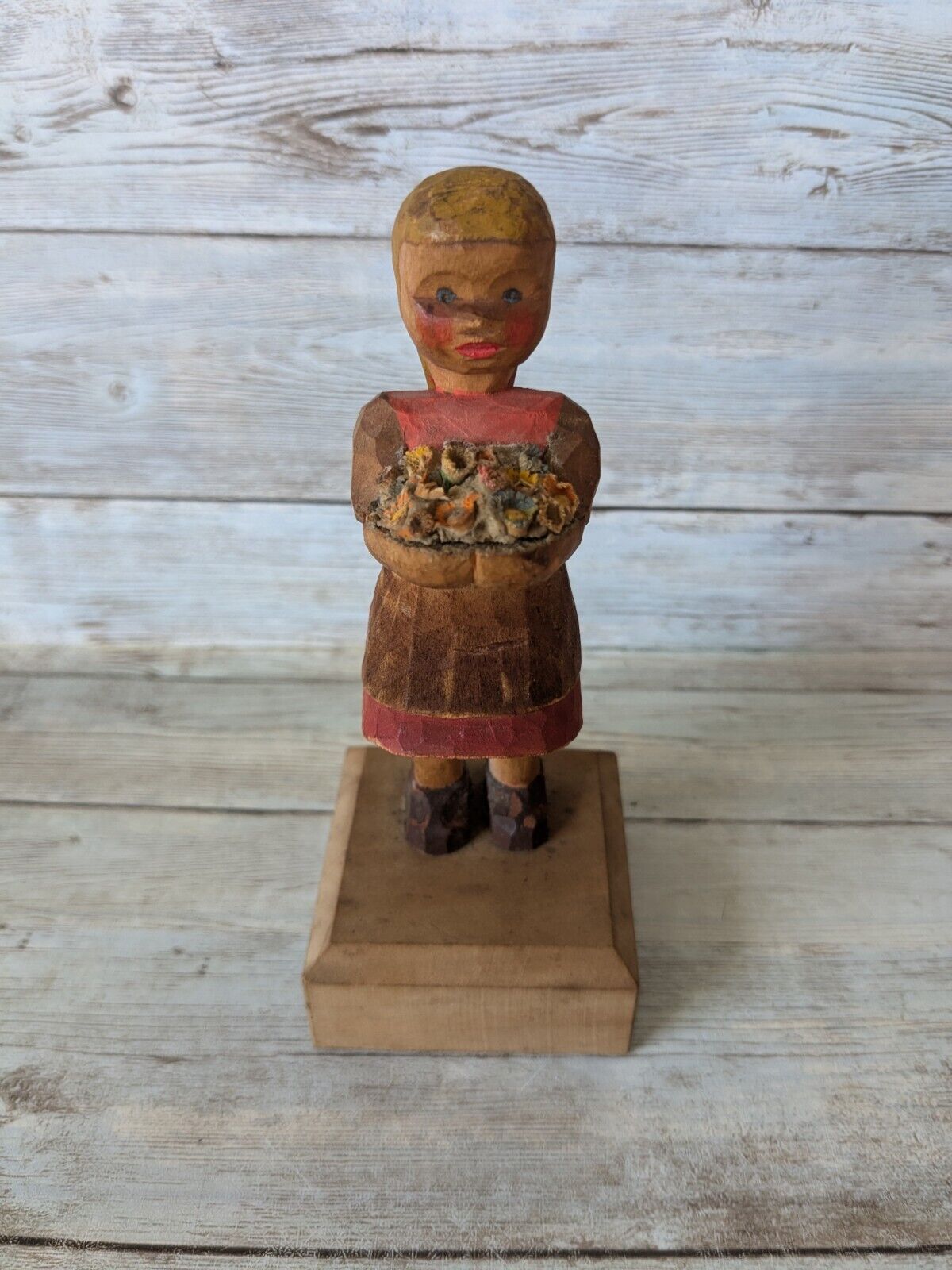Vintage Erzgebirge Hand Carved Wood Girl With Flower Basket Shabby