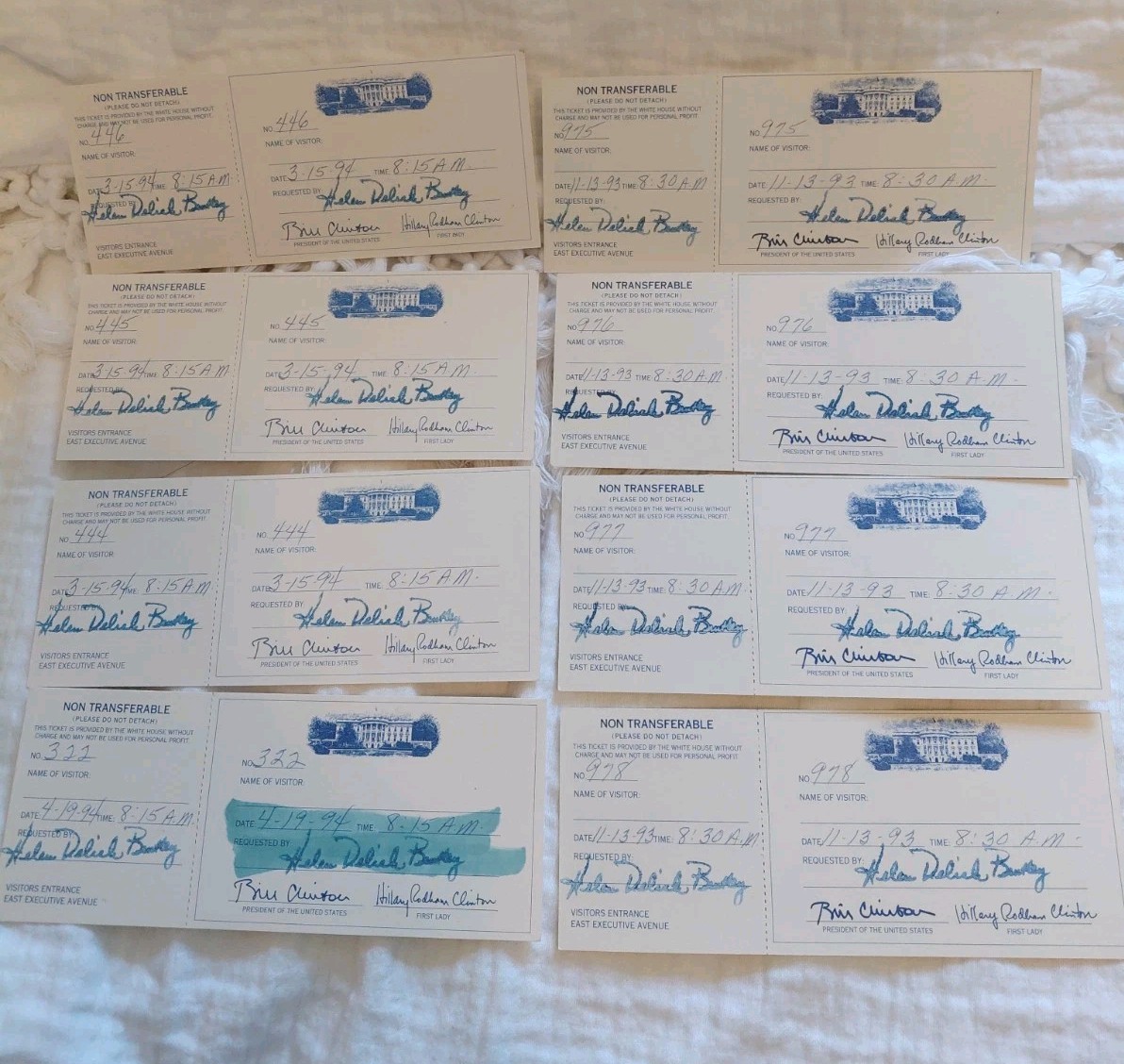 VTG White House Tour Passes Lot of 8 Clinton Rep Helen Delich Bentley 1993 1994