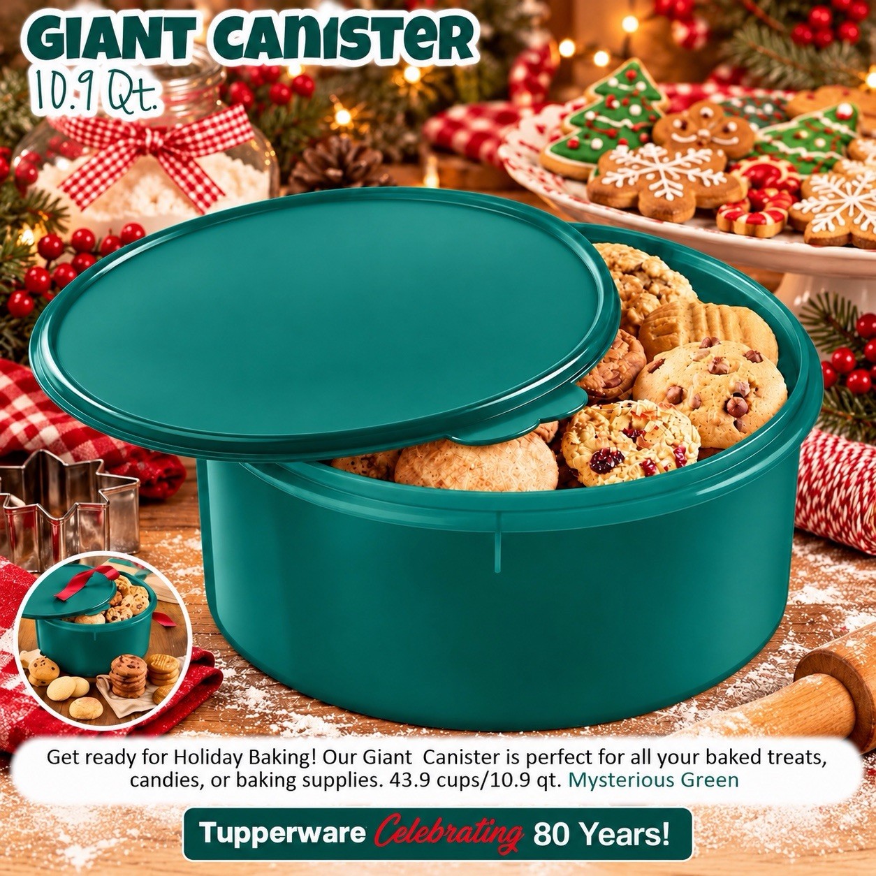 Tupperware Giant Cookie Canister Green NEW 43.9 cups Mysterious Green Brownies