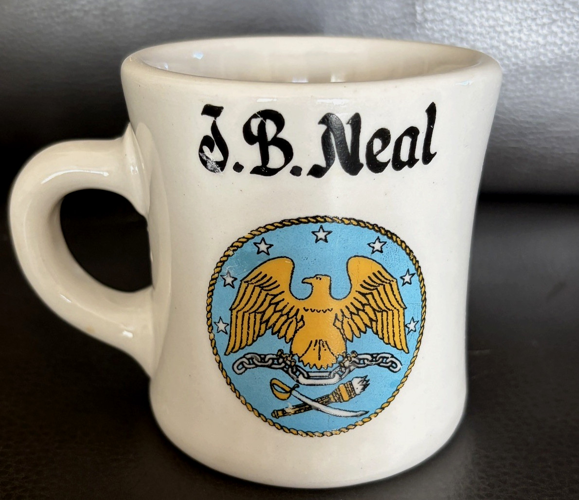 Vintage Military Victor Heavy Coffee mug - US Navy Crest with the name J.B. Neal