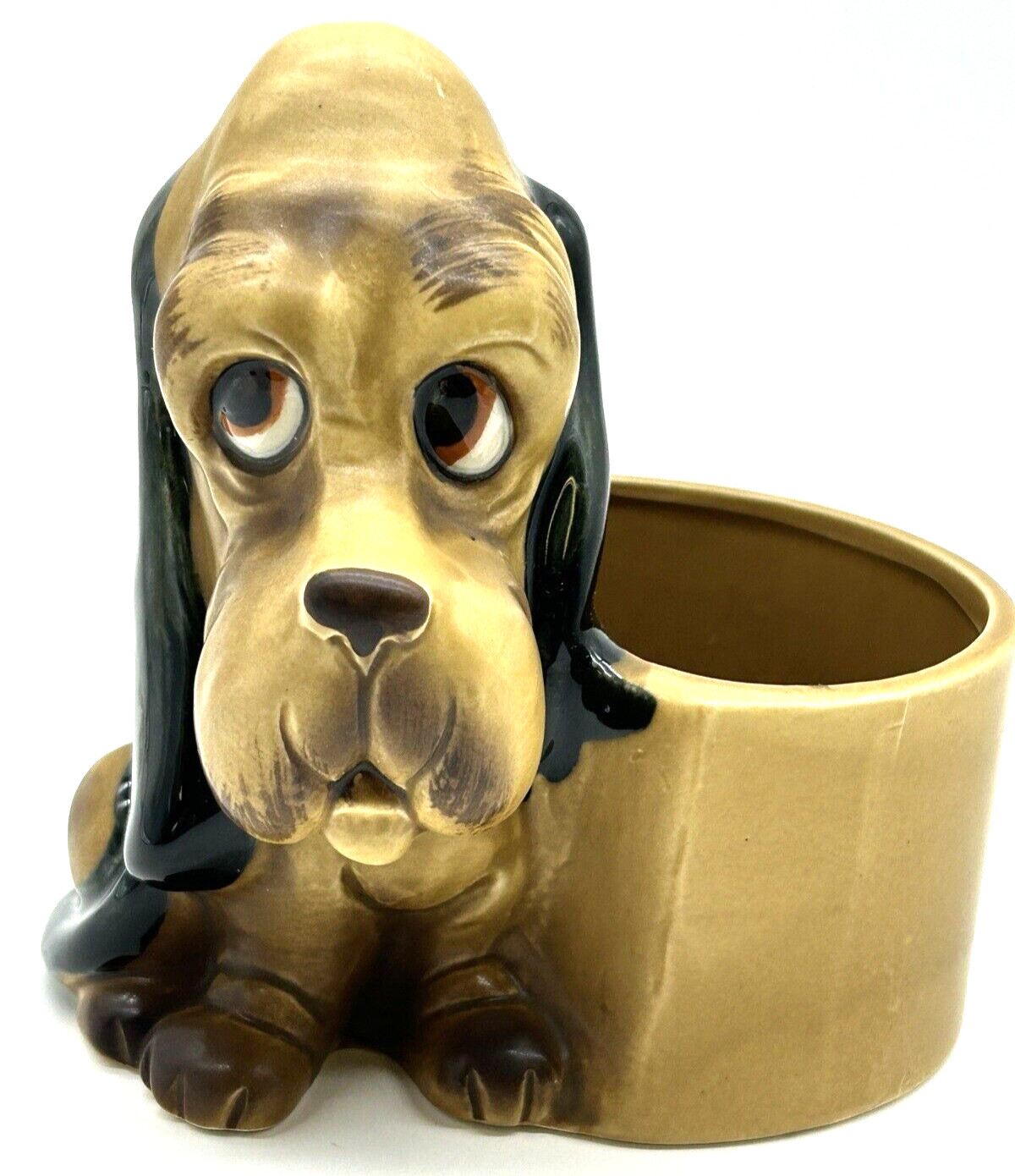 Vintage Caffco Ceramic Basset Hound Puppy Dog Planter Vase 60's Brown Black Dog