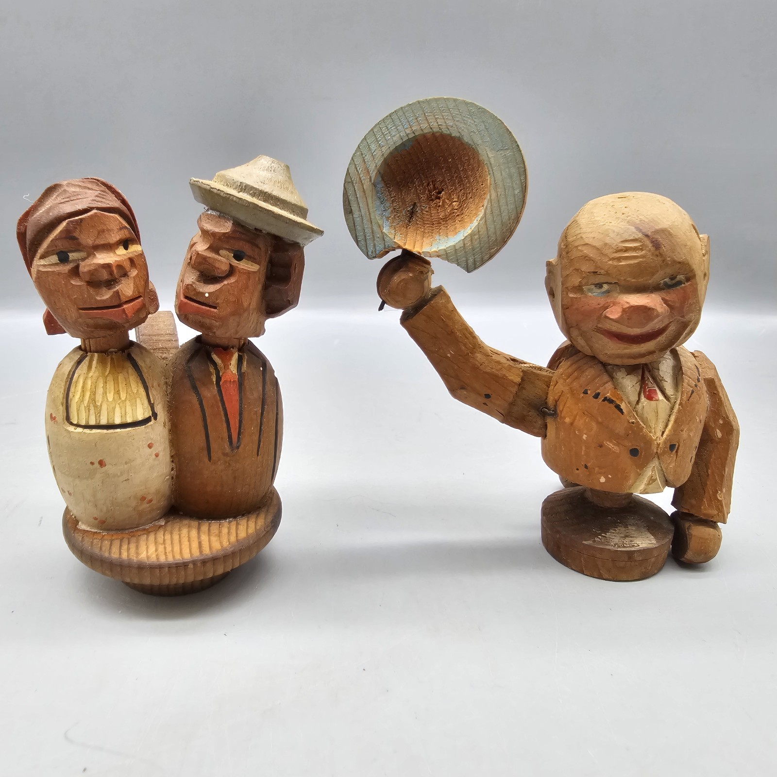 Vintage Hand Carved Wooden Cork Bottle Stoppers Folk Art Set of 2 Hand Painted