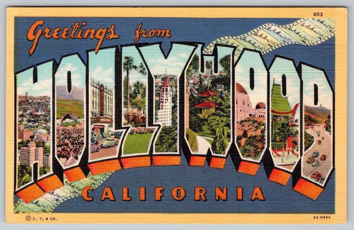 1940's GREETINGS FROM HOLLYWOOD CALIFORNIA LARGE LETTER LINEN VINTAGE POSTCARD