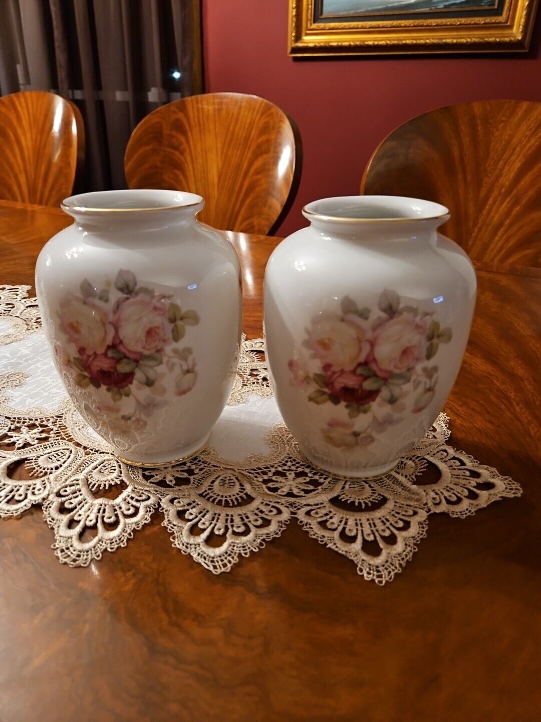Vintage Schumann Arzberg Germany Roses Mantle Porcelain Vase Pair 6 1/2
