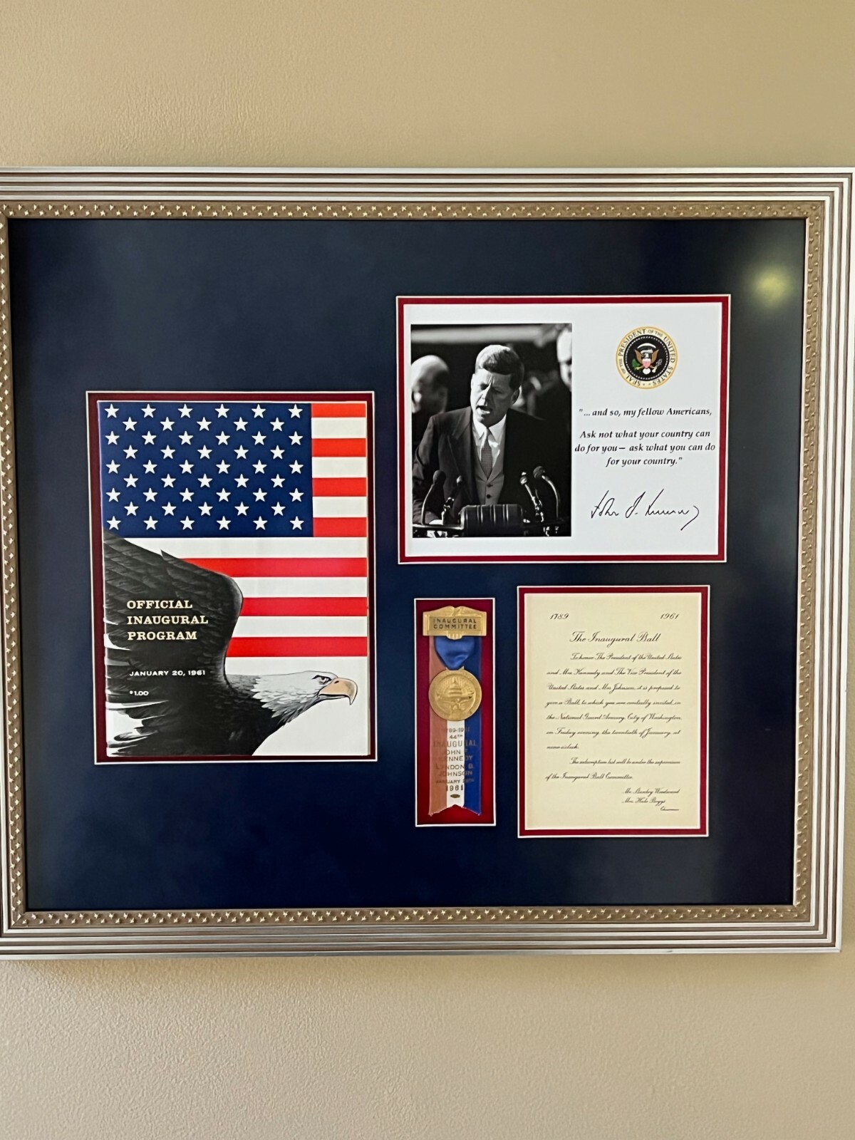 JOHN F. KENNEDY JFK Vintage 1961 Inaugural Ball Committee Museum Framed Display