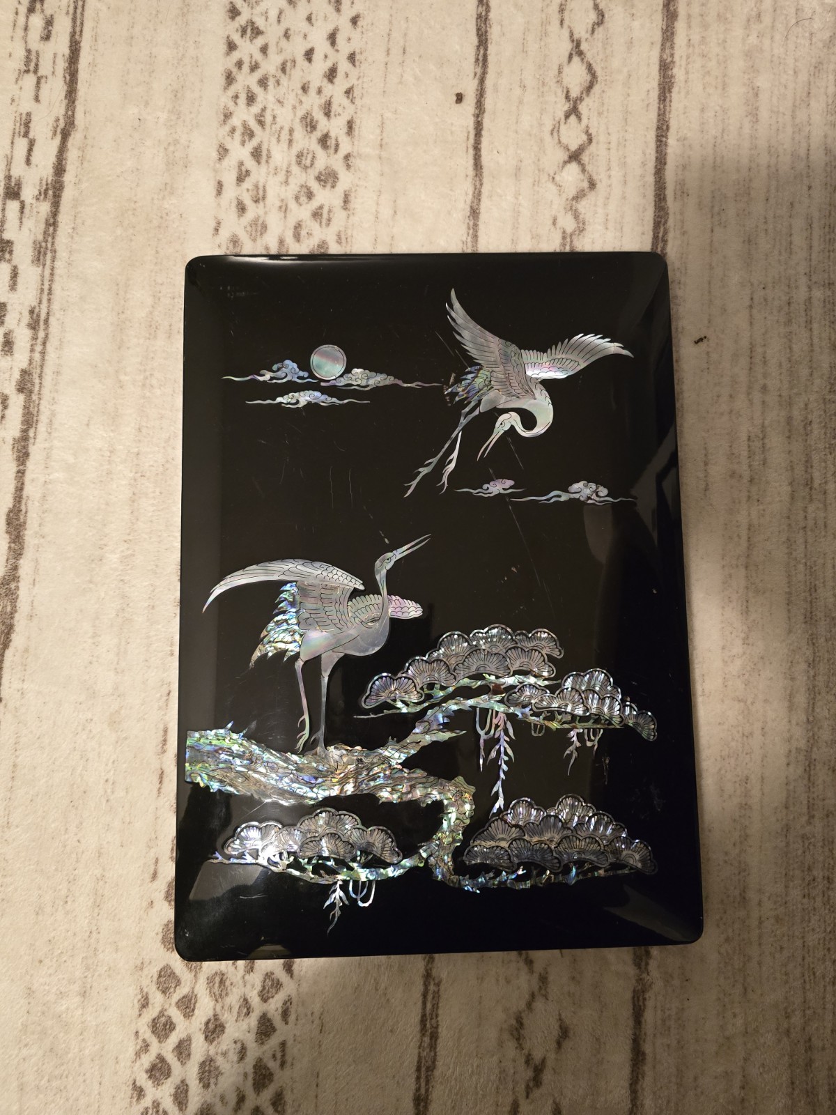 Vintage Asian Black Lacquer Wall Hanging Hand Painted Birds Flowers 