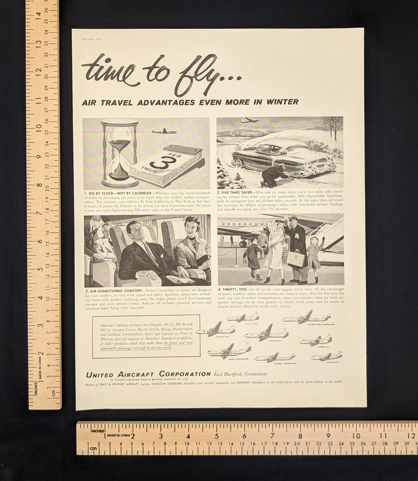 Vintage 1955 United Aircraft Corporation Air Travel B&W Print Ad Full Page 1950s