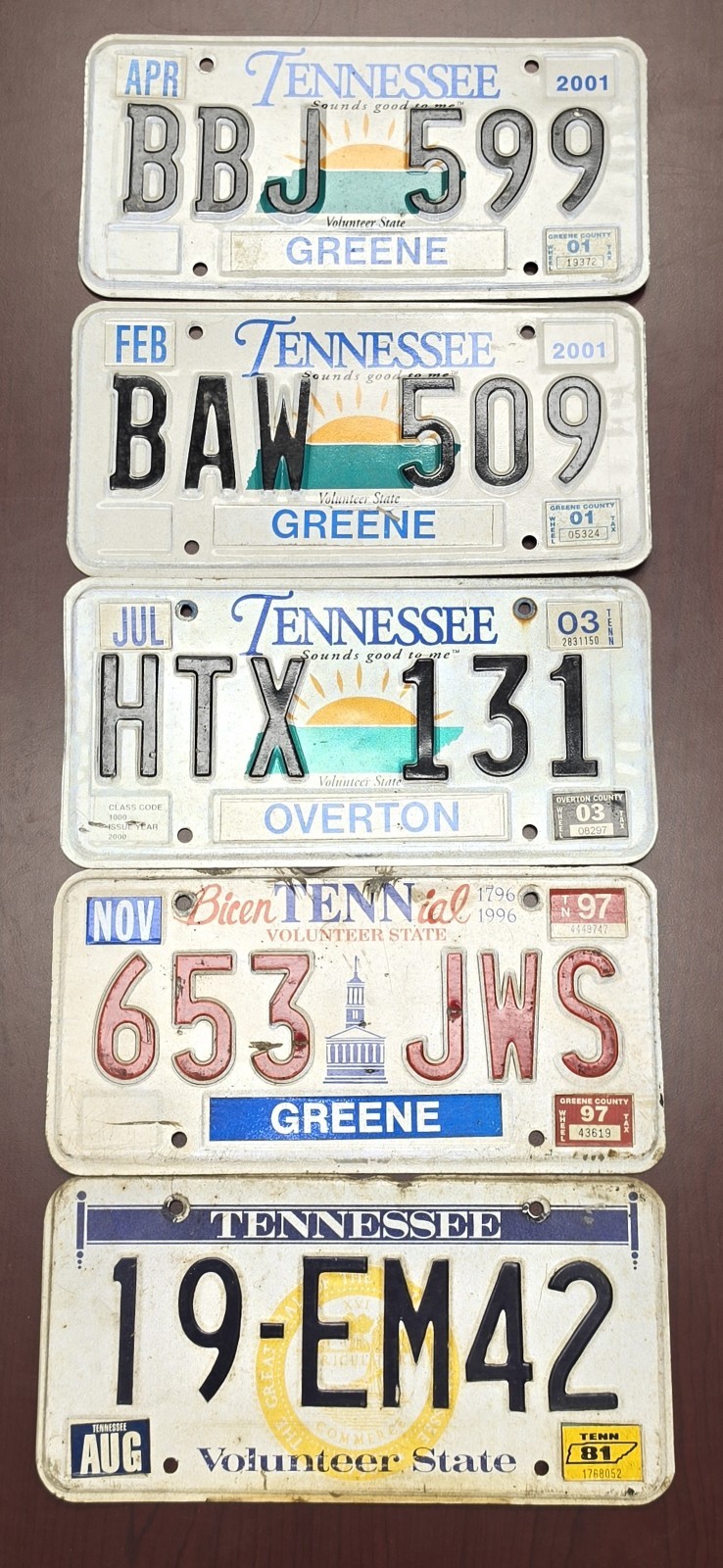 Tennessee License Plate Lot 5 Vintage 1981 1997 2001 2003 Greene Overton County
