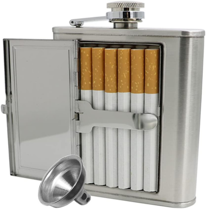 Hip Flask with Built-in Cigarette Case (5 oz, Silver)