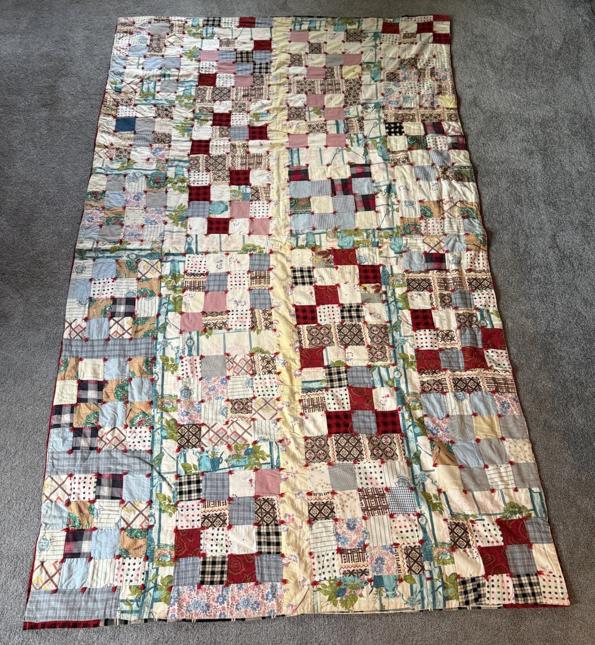 Vintage Handmade Quilt Small Squares 87”x 51” Mixed Scrap Fabric Crazy Pattern