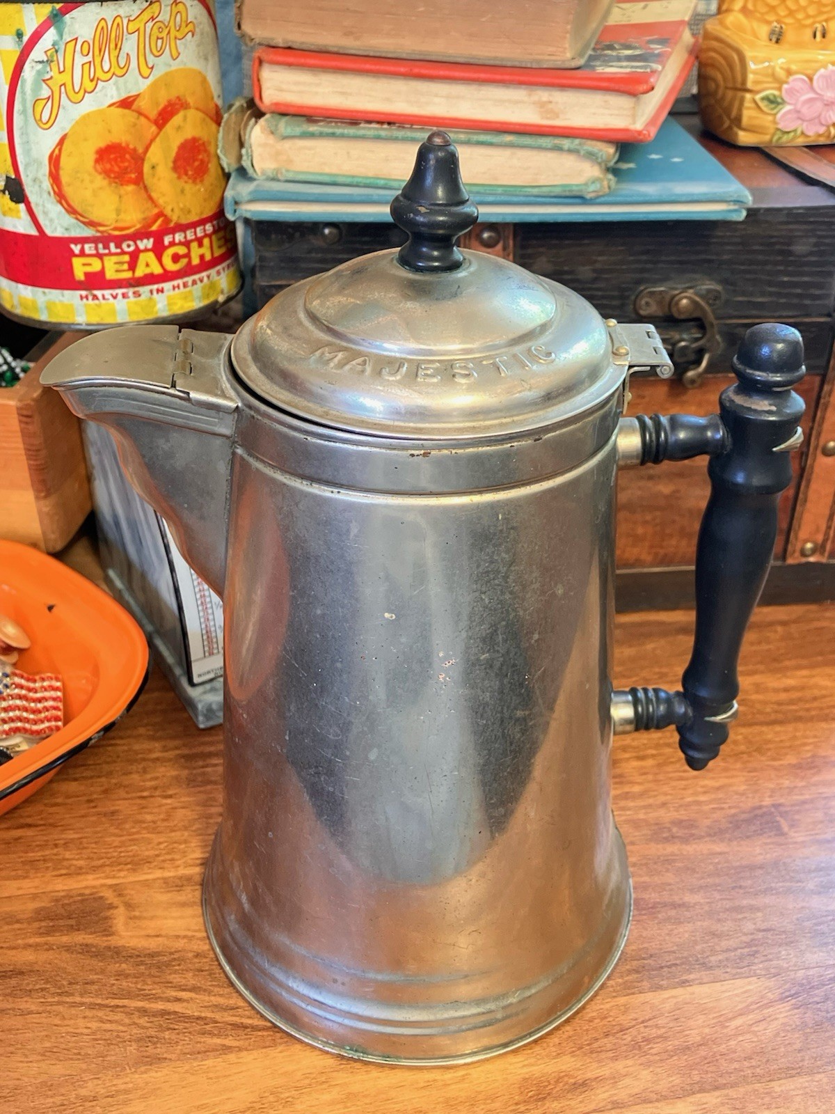 Old Majestic Coffee Pot Silver Color On Copper Wood Handle 10” Vintage Camp