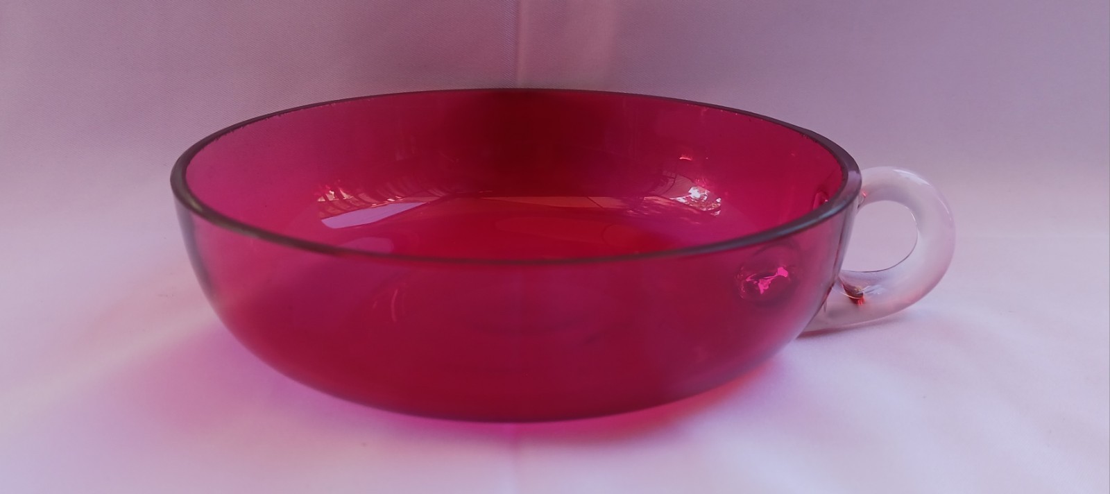 Vtg Cranberry Blown Glass Nappy Custard Bowl Applied Feet Handle 