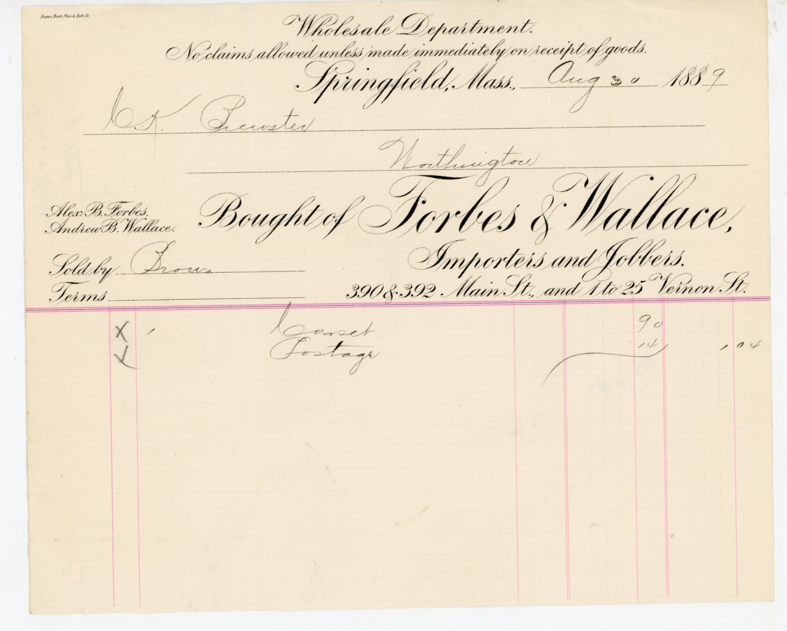 FORBES & WALLACE Springfield MA 1889 Wholesale Invoice Corset Dry Goods Billhead