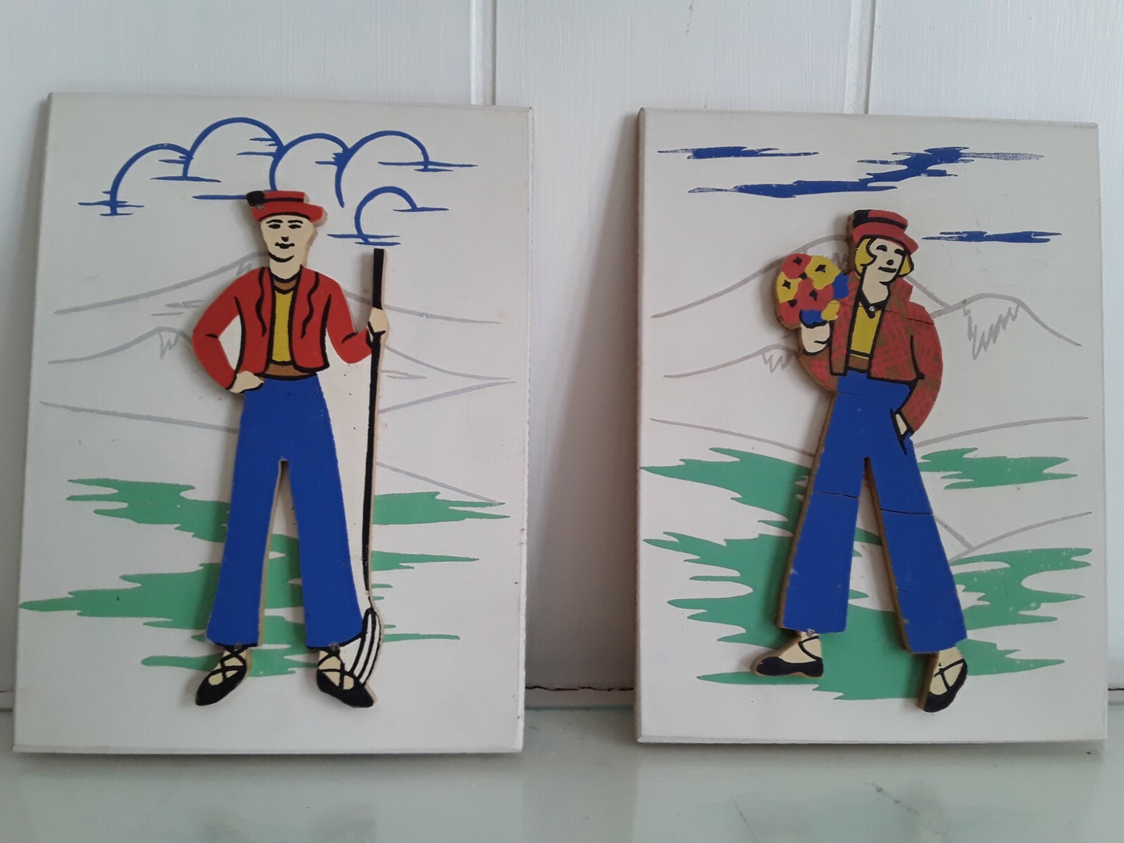 Vintage Wood Plaques 1930s European Man Woman Figures in Mountains Colorful Vintage Wood Plaques 1930s European Man Woman Figures in Mountains Colorful