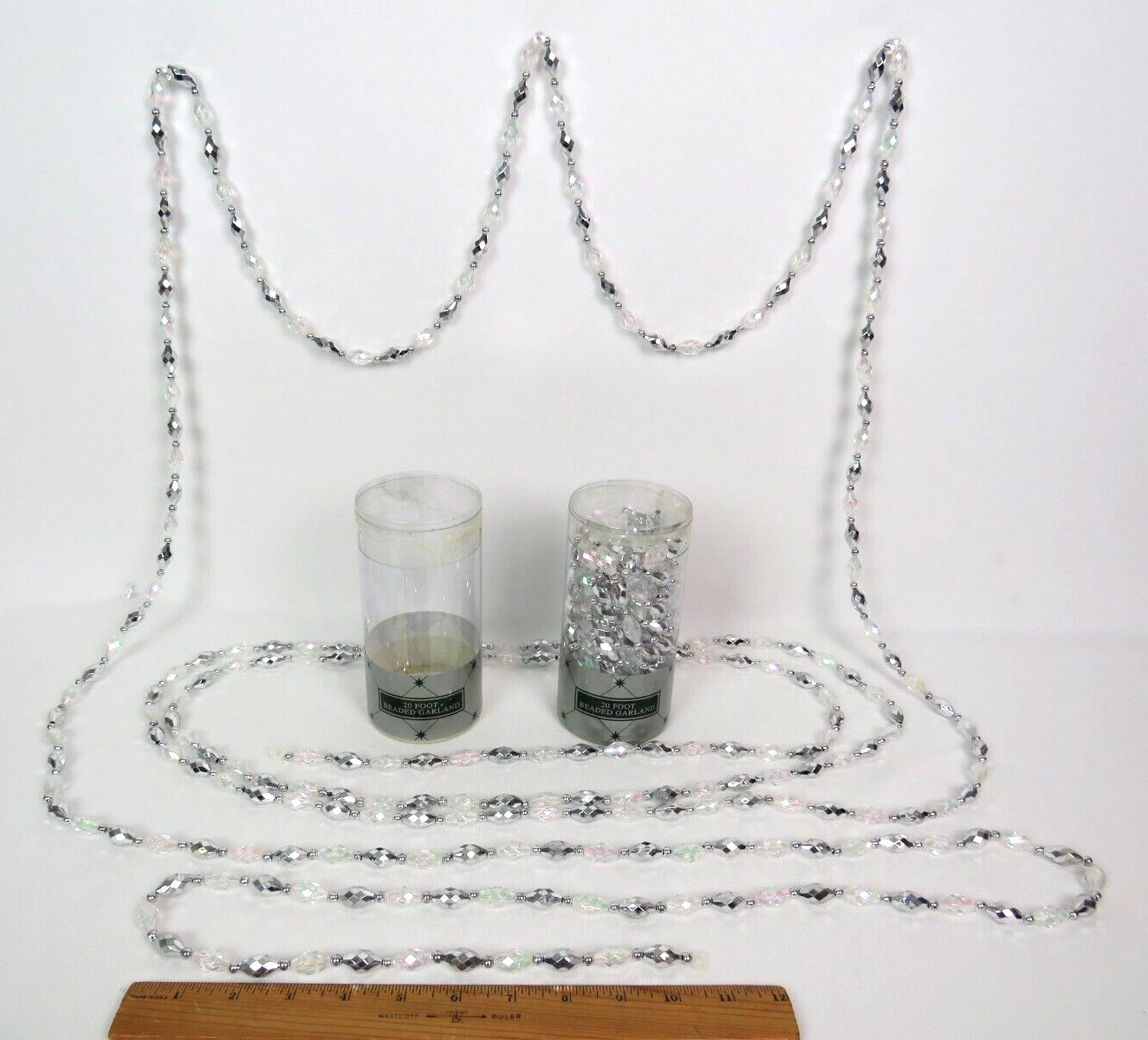 NEW VTG 1990s BEADED GARLAND SILVER AURORA BOREALIS FACETED BEADS 40 FEET 