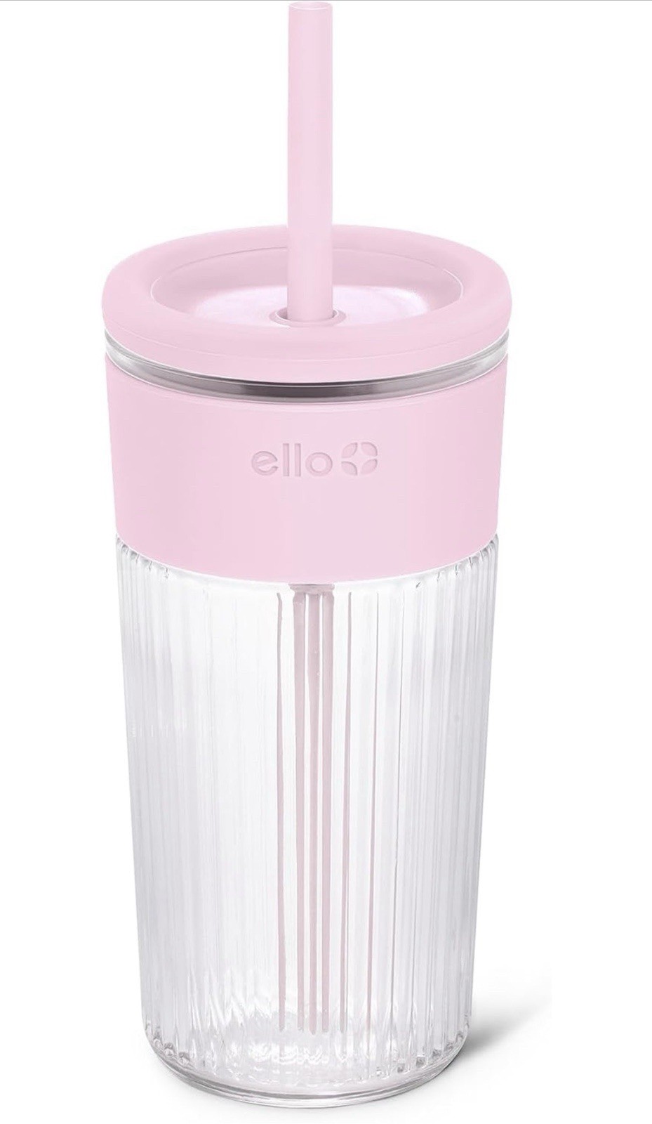 Ello Ava 18oz Glass Tumbler with Straw and Lid for Iced Coffee,Pink Orchard