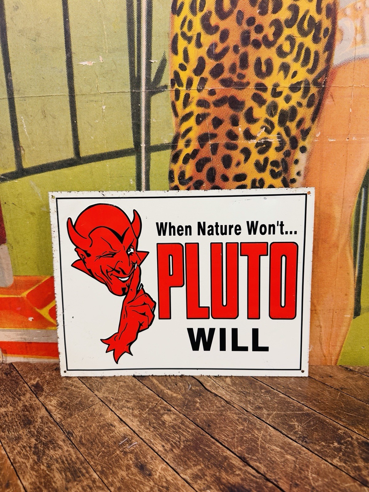 VINTAGE PLUTO WATER EMBOSSED TIN SIGN DEVIL SATAN FRENCH LICK INDIANA LAXATIVE