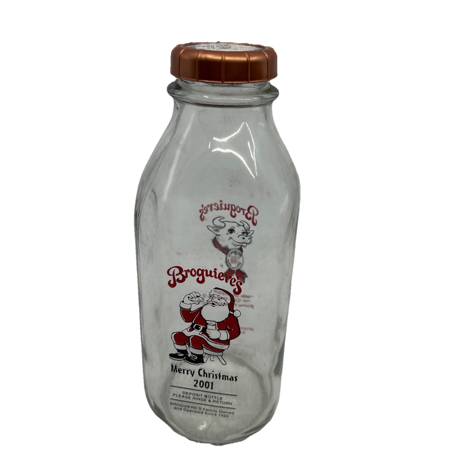 Vintage 2001 Marry Cristmas Broguiere\'s Ca. Dairy Milk glass bottle 32oz w/ Lid