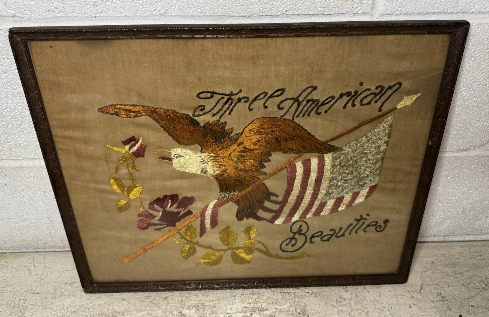 Antique Patriotic Progressive Era Eagle Rose Flag Embroidery Silk American