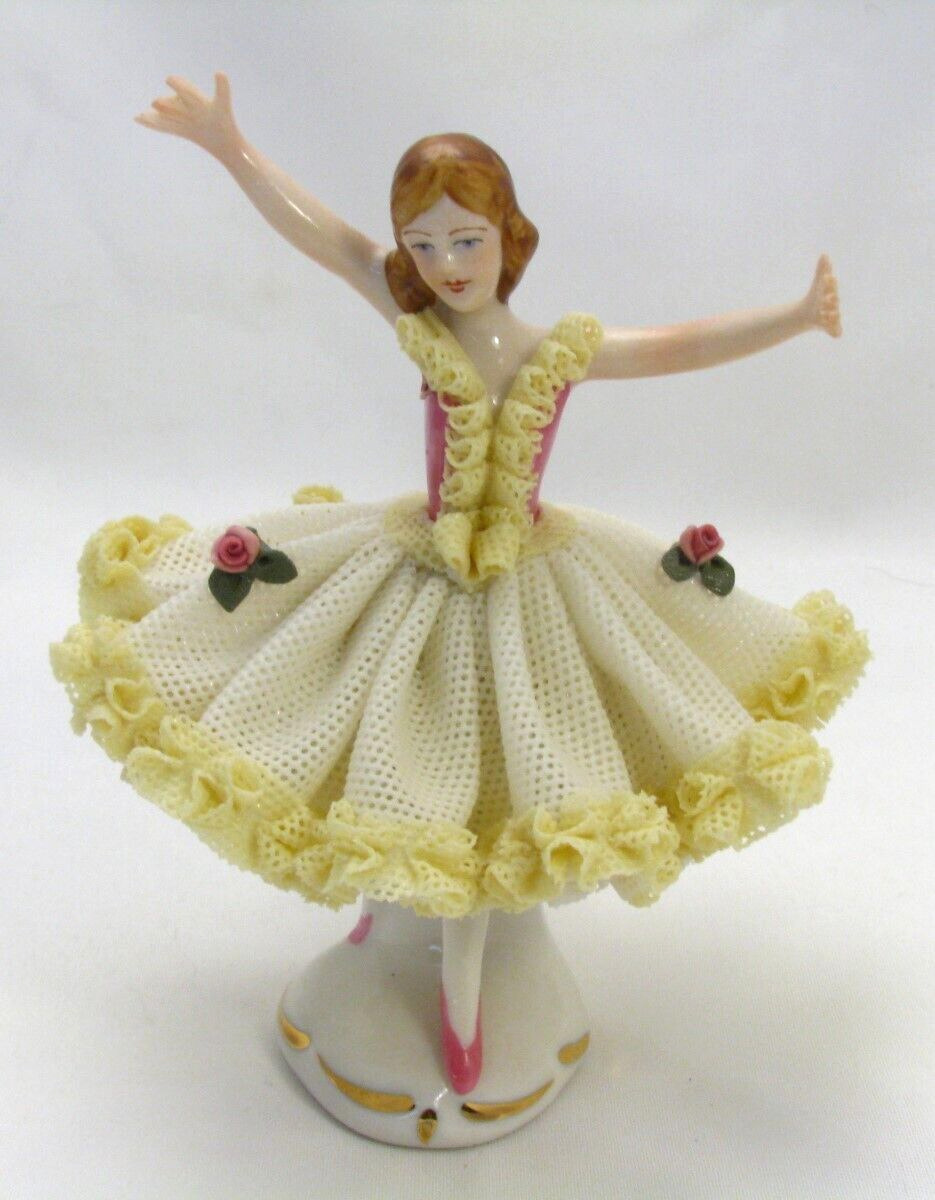Vintage Dresden Porcelain Lace Ballerina Germany White with Yellow Trim Roses
