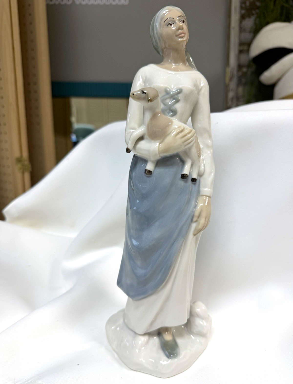 Glossy Porcelain Woman Figurine Holding Lamb White Blue Dress 11