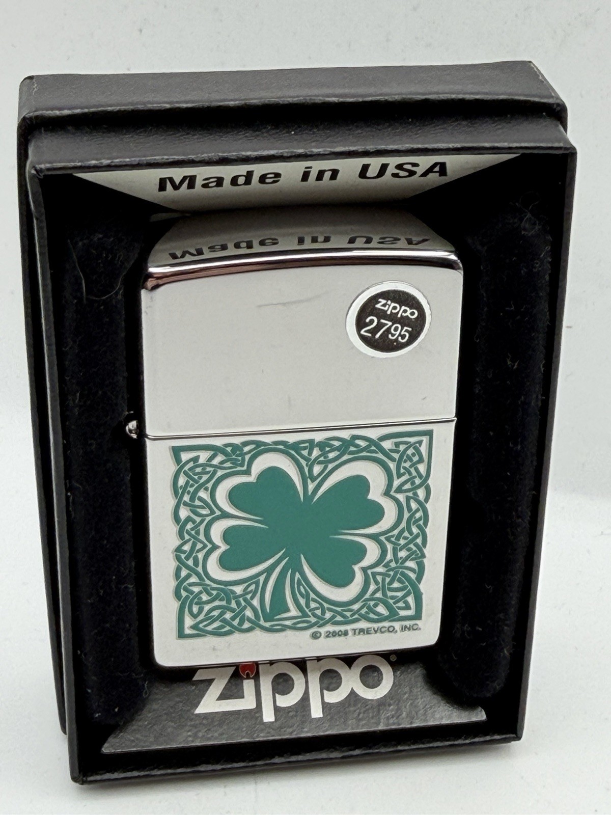 Vintage 2009 Trevco Celtic Clover High Polish Chrome Zippo Lighter NEW B38 Vintage 2009 Trevco Celtic Clover High Polish Chrome Zippo Lighter NEW B38