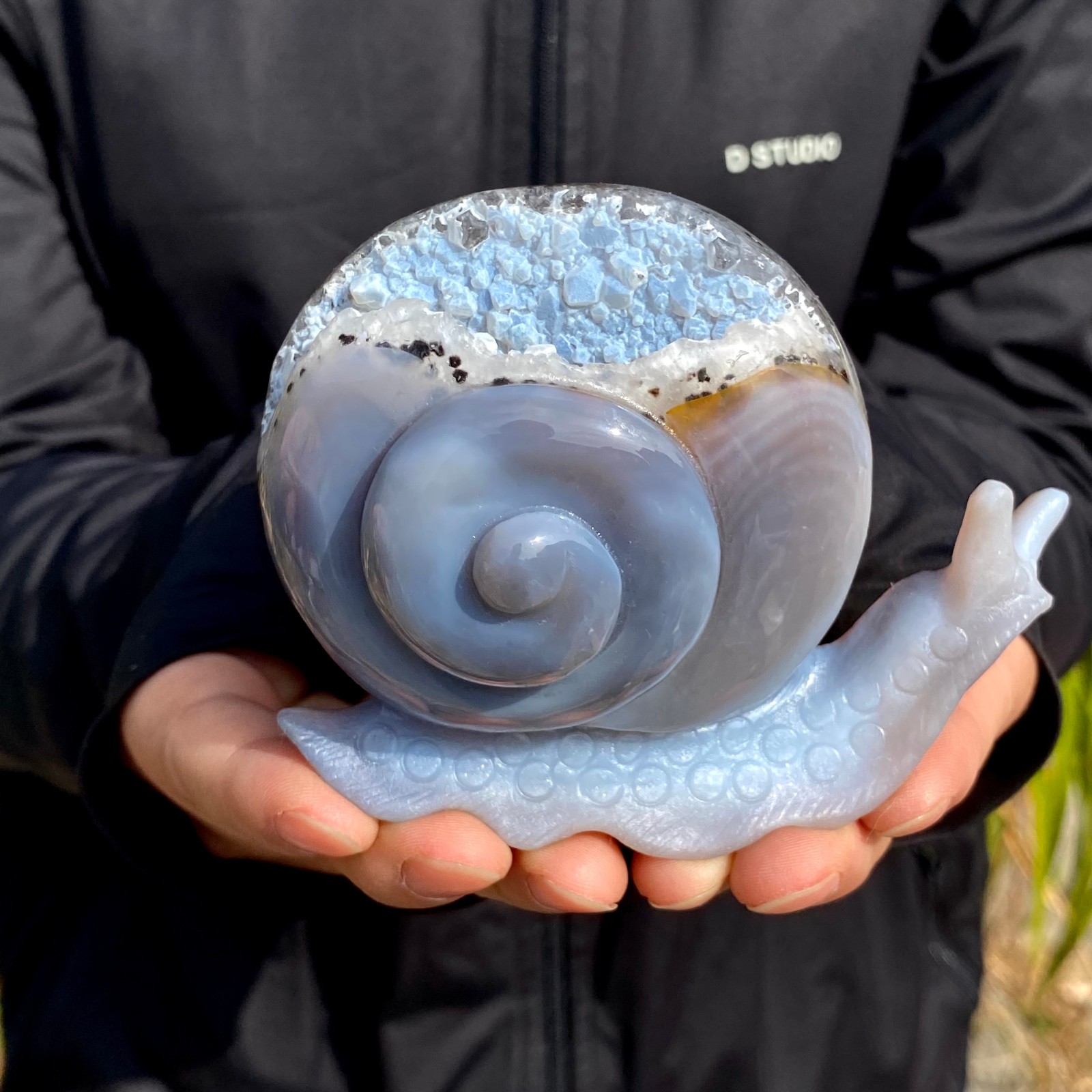390G Natural agate geode quartz crystal engrave snail skull healing gift decor