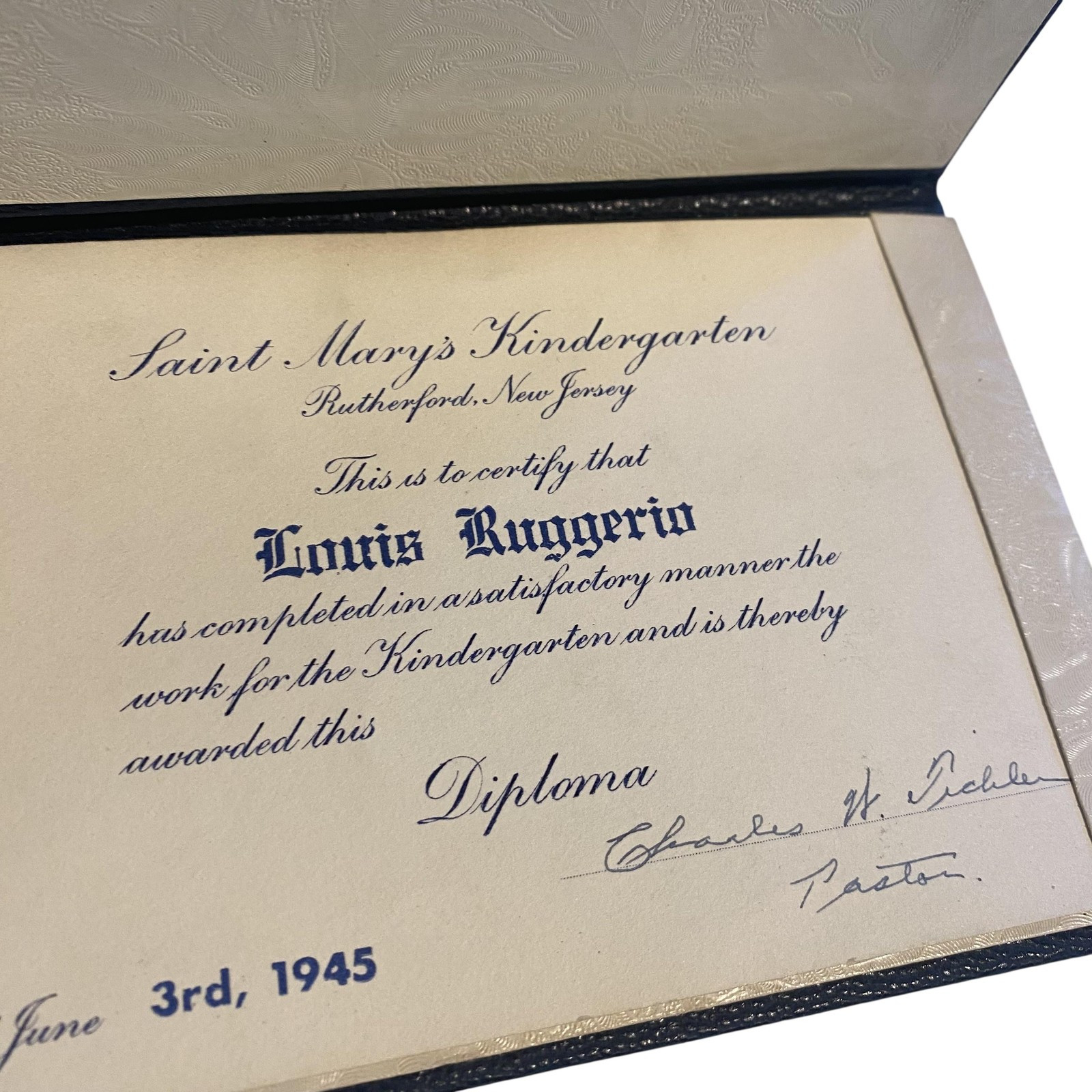 Vintage 1945 St Marys Kindergarten Diploma Certificate 4.25x6.25 Rutherford NJ