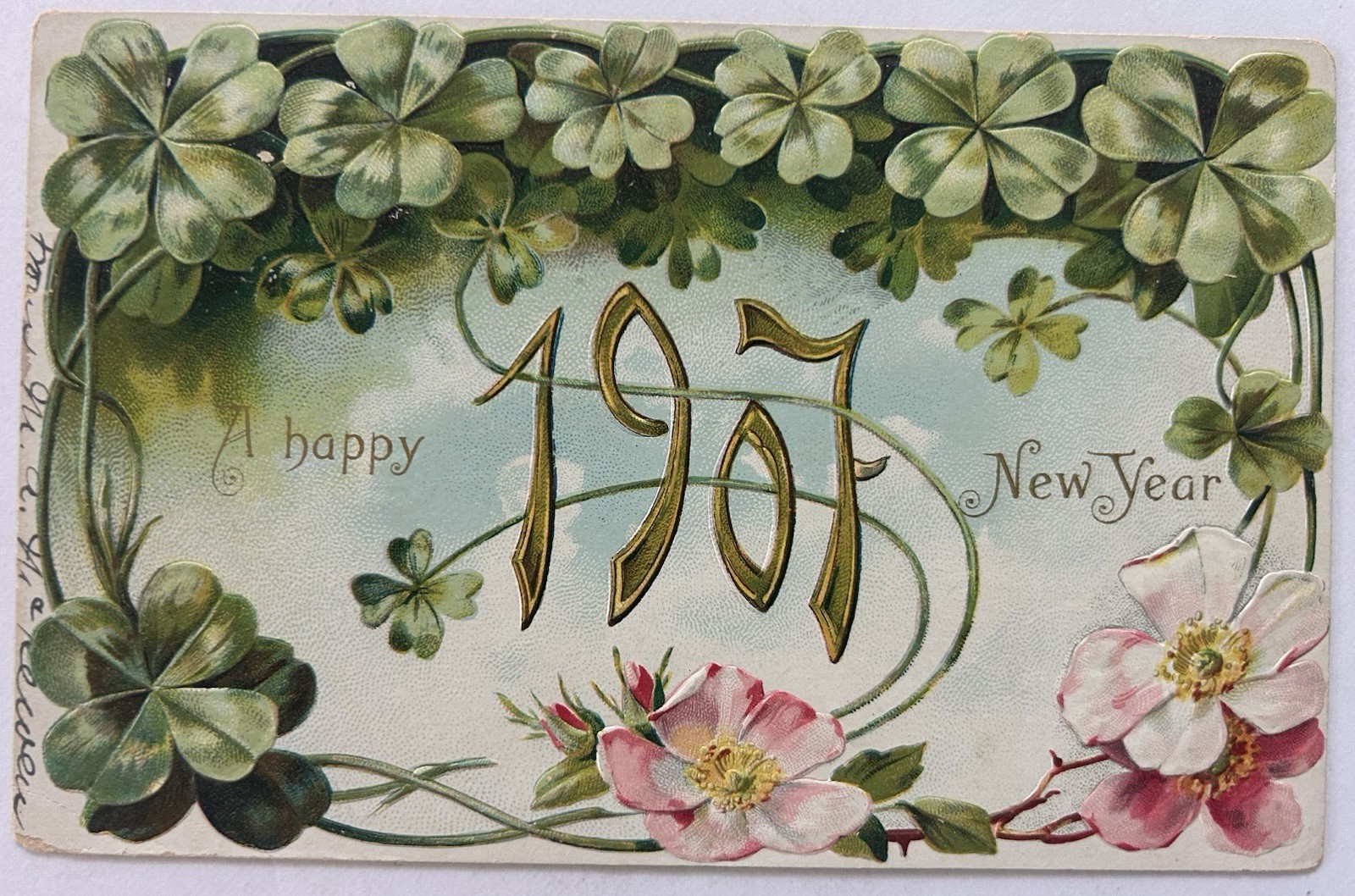 Embossed New Years 1907 Antique Postcard | Clovers Flowers | Art Nouveau