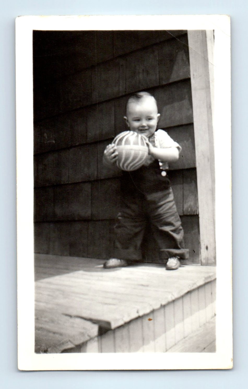 Old Vintage Photo SOLO BOY WITH BALL FRONT PORCH HOUSE FOUND PHOTOGRAPH