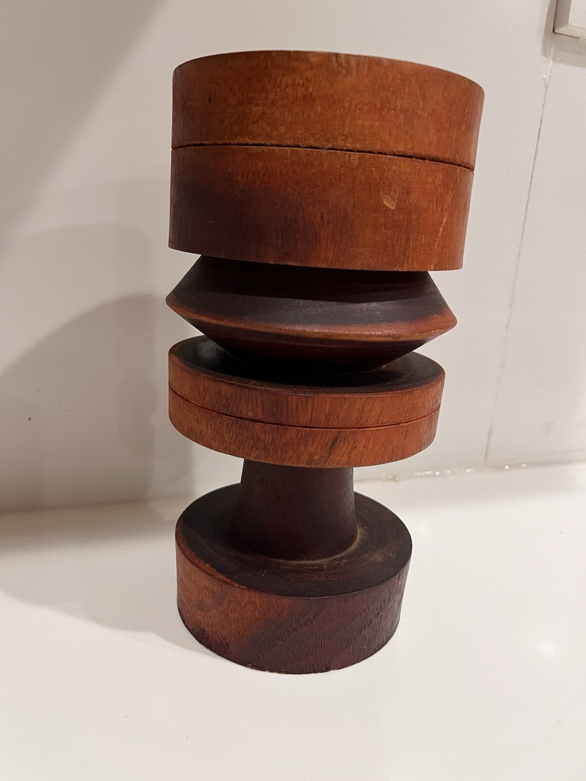 VTG Mid Century  Hand Turned Wood Candle Holder Stacked MCM Masculine