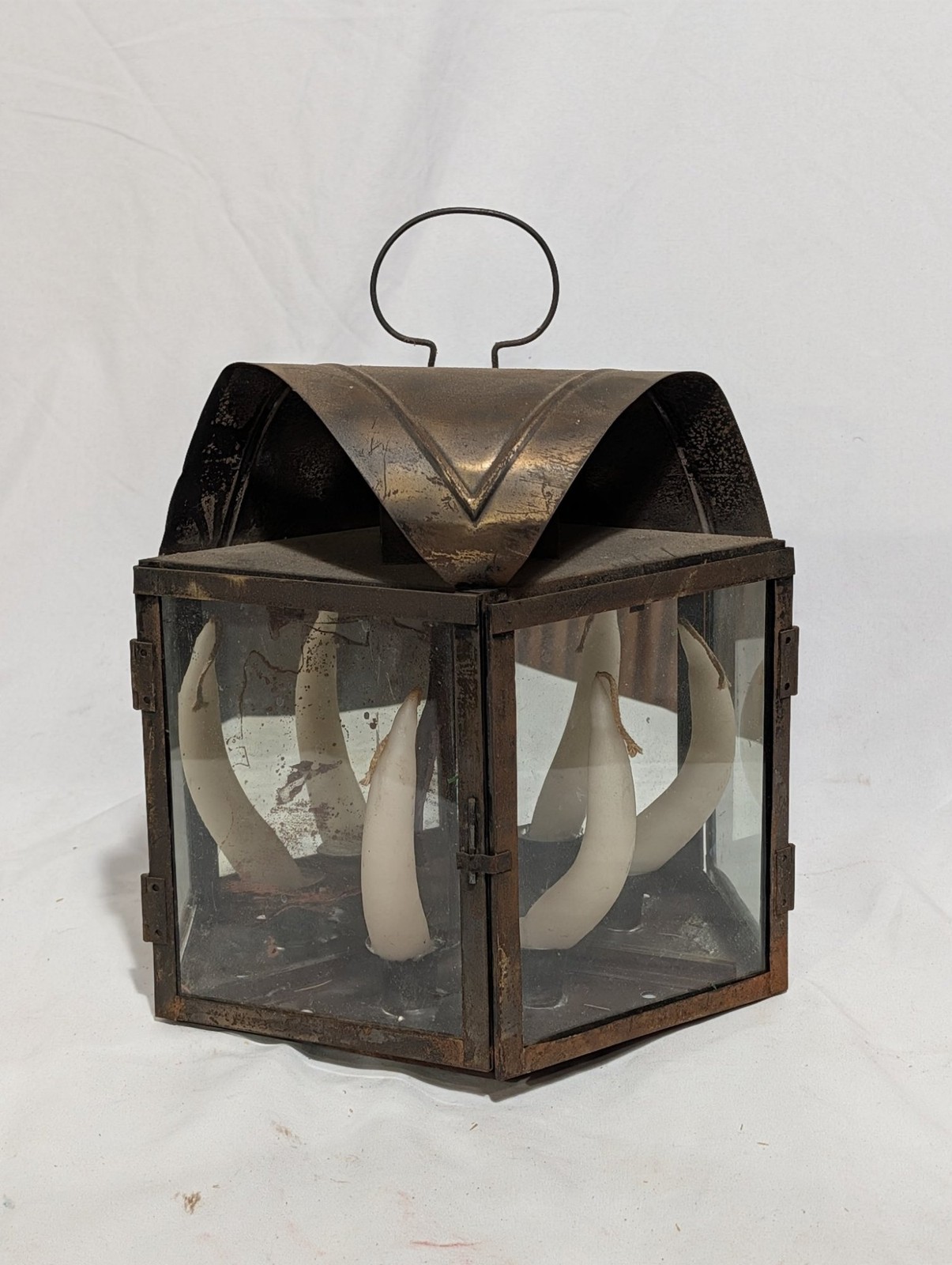 Vintage Tin Candle Lantern 4-Panel Glass Hanging Primitive Colonial 14 in Tall