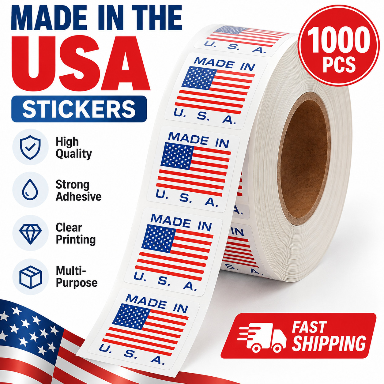 1000 Per Roll Made in USA American Flag Decal Sticker 0.75 inch square